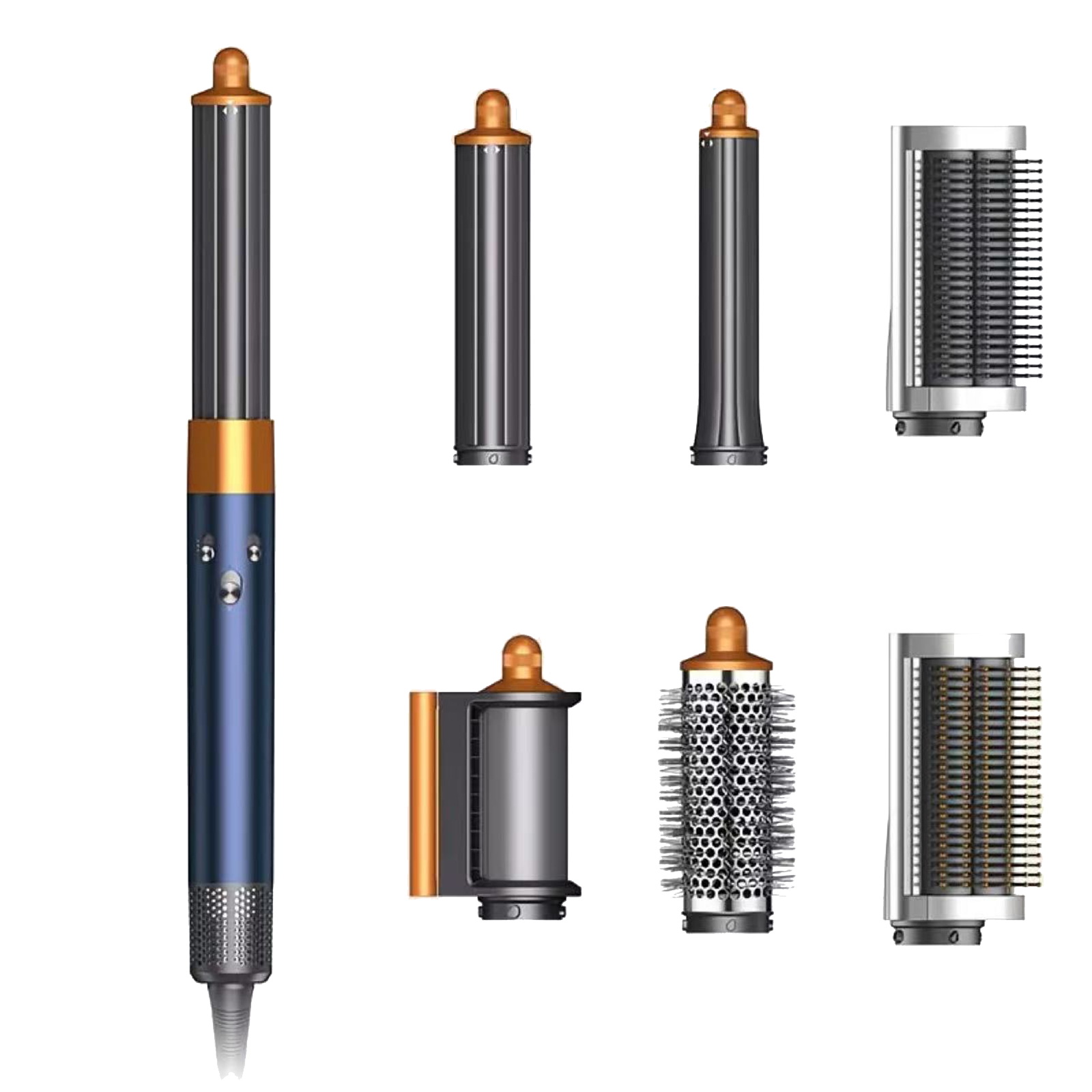 Un'asciugacapelli Dyson e accessori. Il corpo principale è blu e oro. Gli accessori includono canne e spazzole, tutto su sfondo bianco.