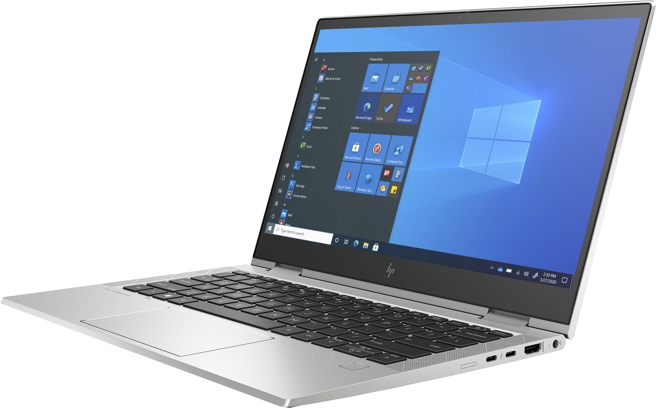 Silver HP laptop open, displaying Windows desktop with app icons. Keyboard visible, screen tilted, showing time and date.