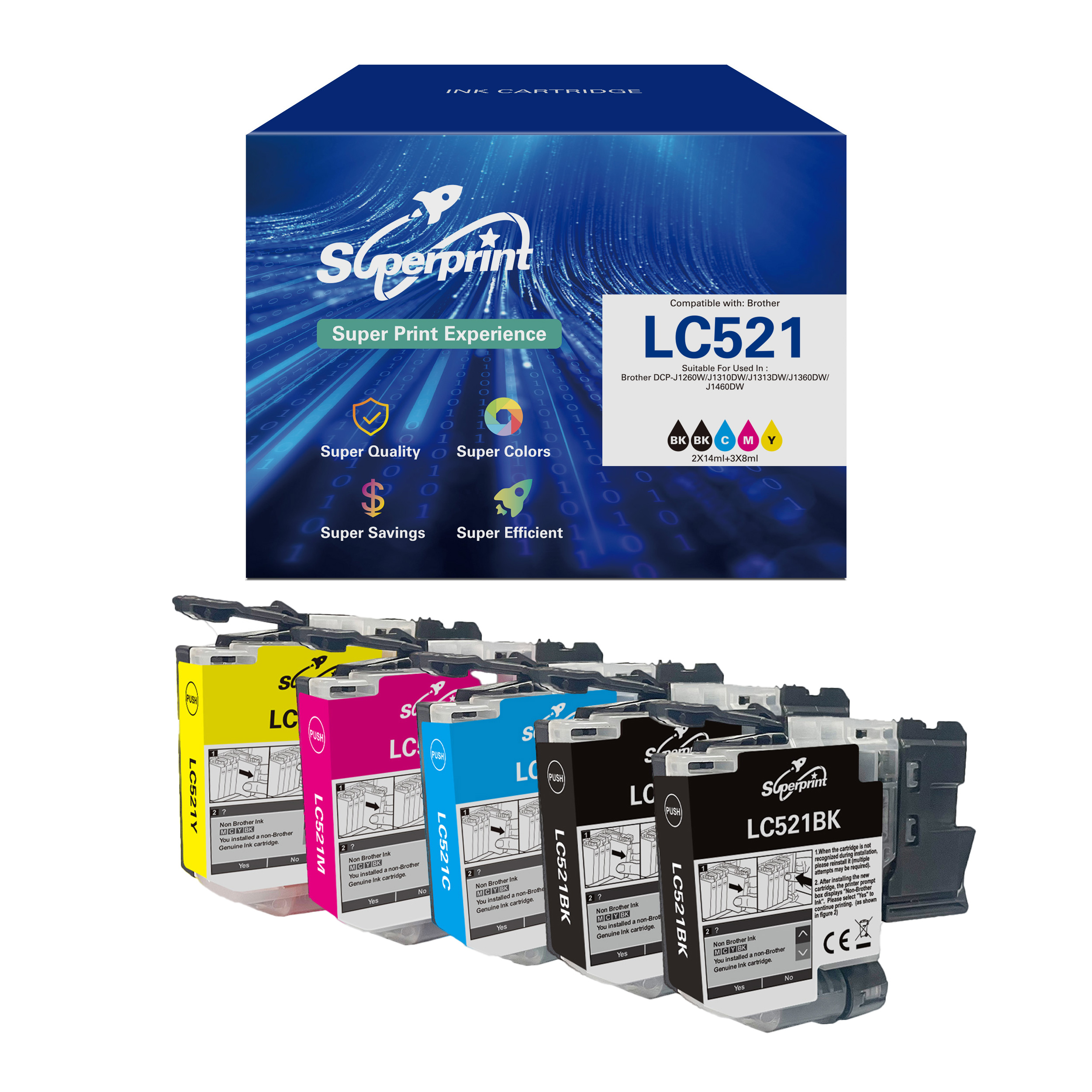 Tintenpatronen, schwarz, cyan, magenta und gelb. Die Verpackung enthält Produktinformationen und ein Logo.