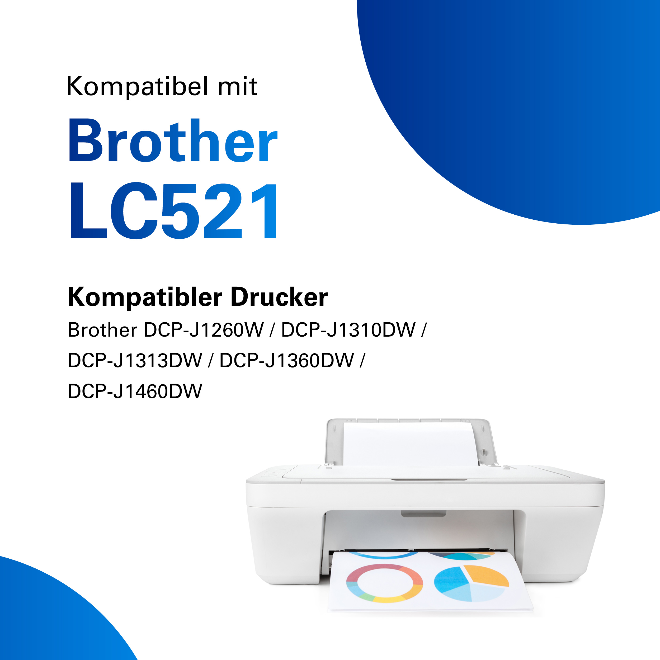 Ein weißer Drucker mit einem Diagrammdruck. Der Text lautet 'Brother LC521' und kompatible Druckermodelle.
