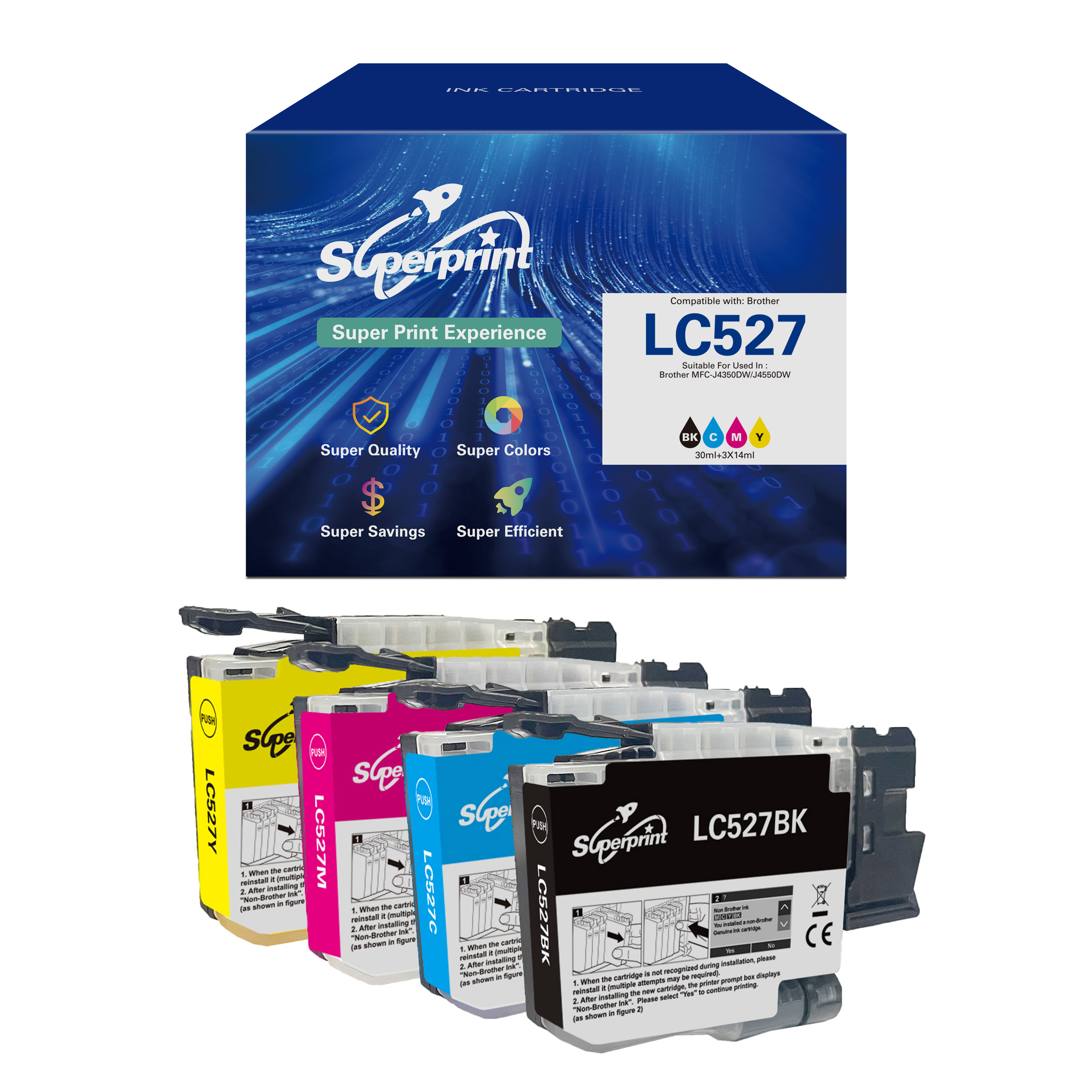 Das Bild zeigt Tintenpatronen mit einer Box mit der Aufschrift 'Superprint' und 'LC527', kompatibel mit Brother.