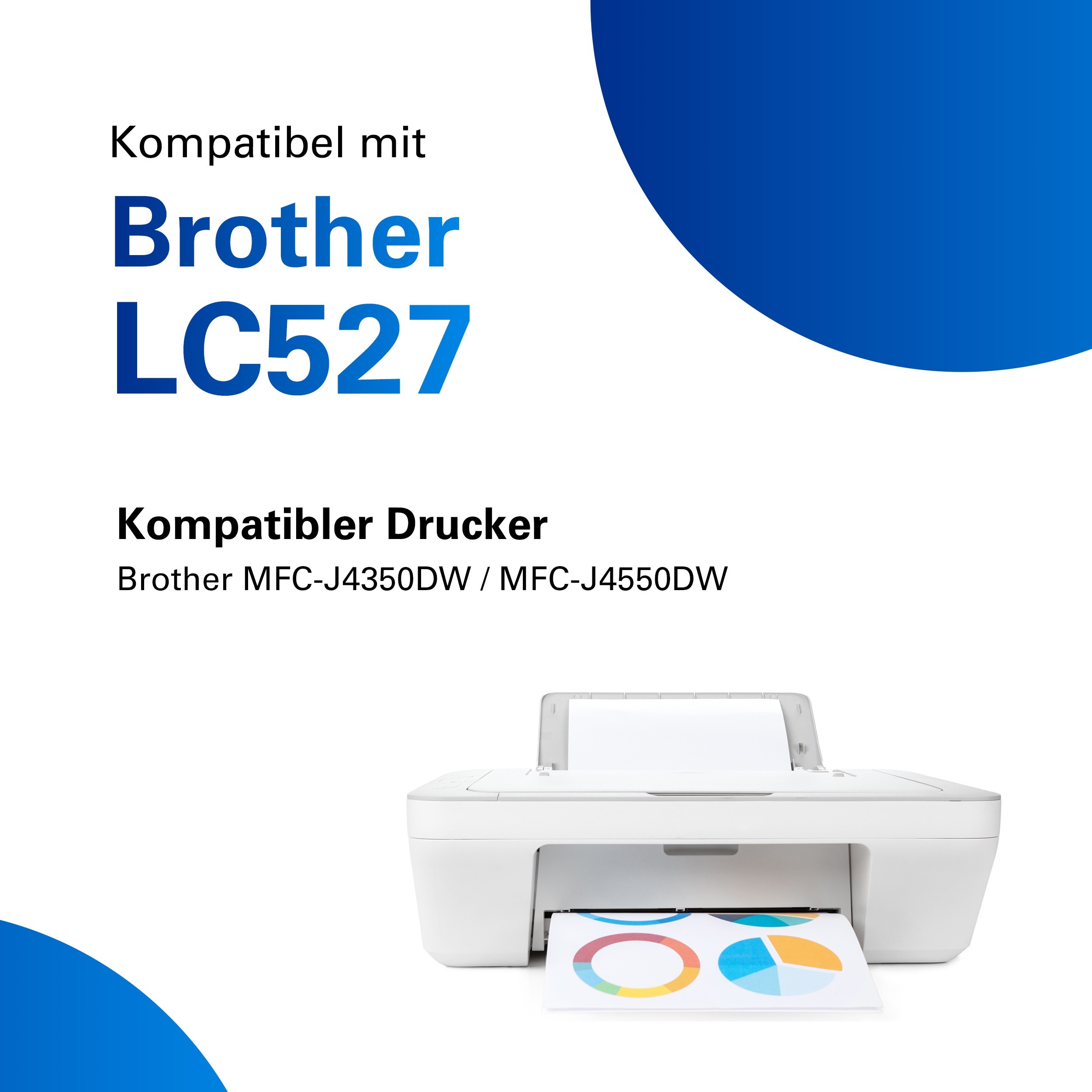 Weißer Drucker mit Ausdruck eines Kreisdiagramms. Text: Brother LC527. Kompatibel mit Brother MFC-J4350DW / MFC-J4550DW.
