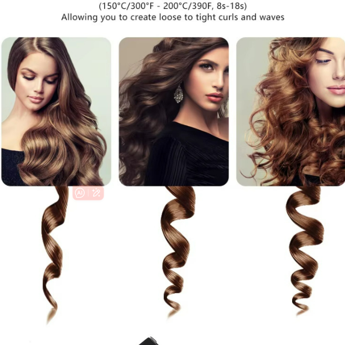 Das Bild zeigt drei Frauen mit verschiedenen Lockenfrisuren. Darunter werden drei gelockte Haarproben angezeigt. Text: Erstellen Sie lockere bis enge Locken.