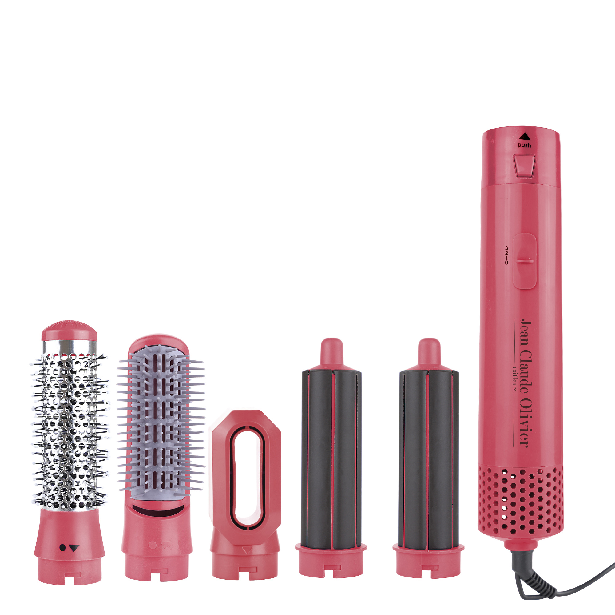 Una herramienta rosa para peinar el cabello con varios accesorios, incluidos cepillos y accesorios de barril, sobre un fondo blanco.