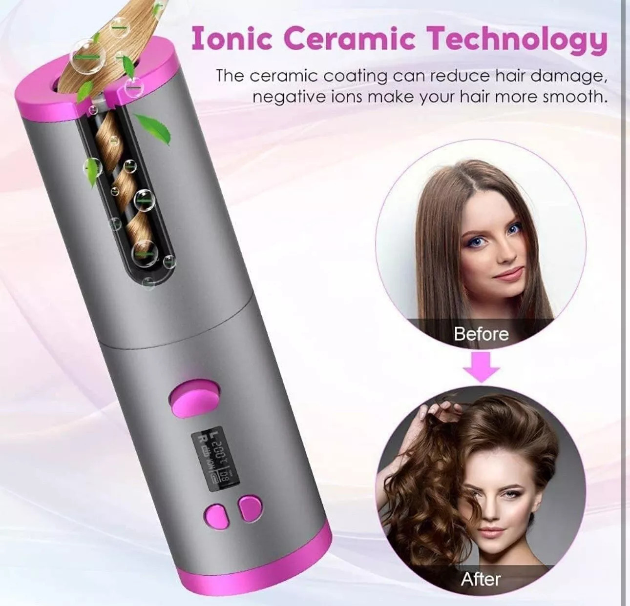 Een grijze en roze krultang met een voor- en na-afbeelding die de transformatie van steil naar krullend haar laat zien. Tekst zegt 'Ionic Ceramic Technology'.