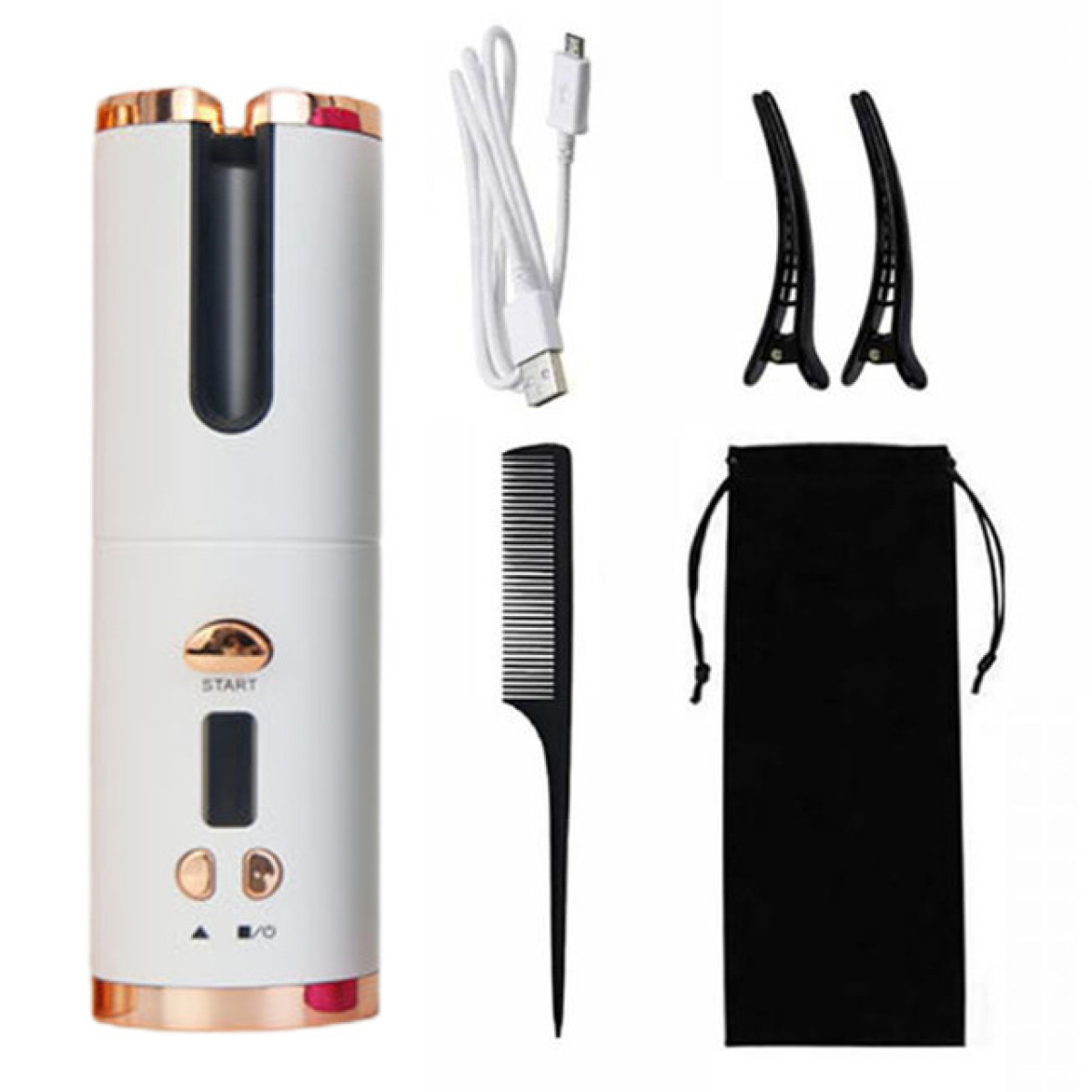 Een witte en gouden krultang met accessoires: USB-kabel, kam, twee haarclips en een zwarte opbergtas.