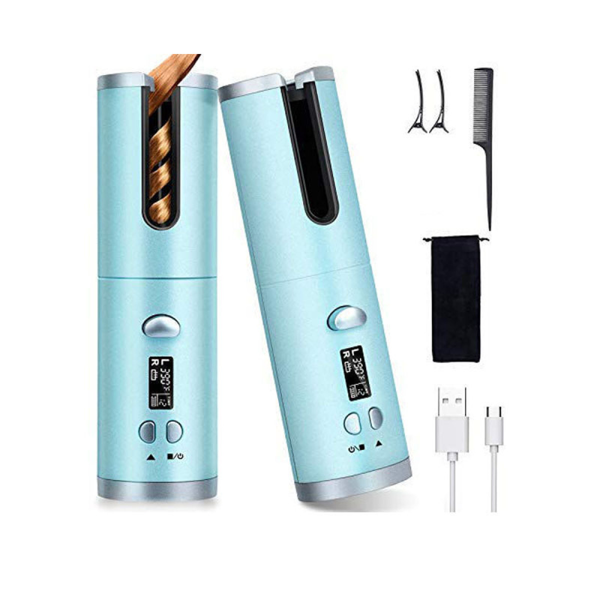 Twee blauwe automatische krultangen met accessoires: haarclips, kam, etui en USB-kabels. Eén krultang heeft haar erin.