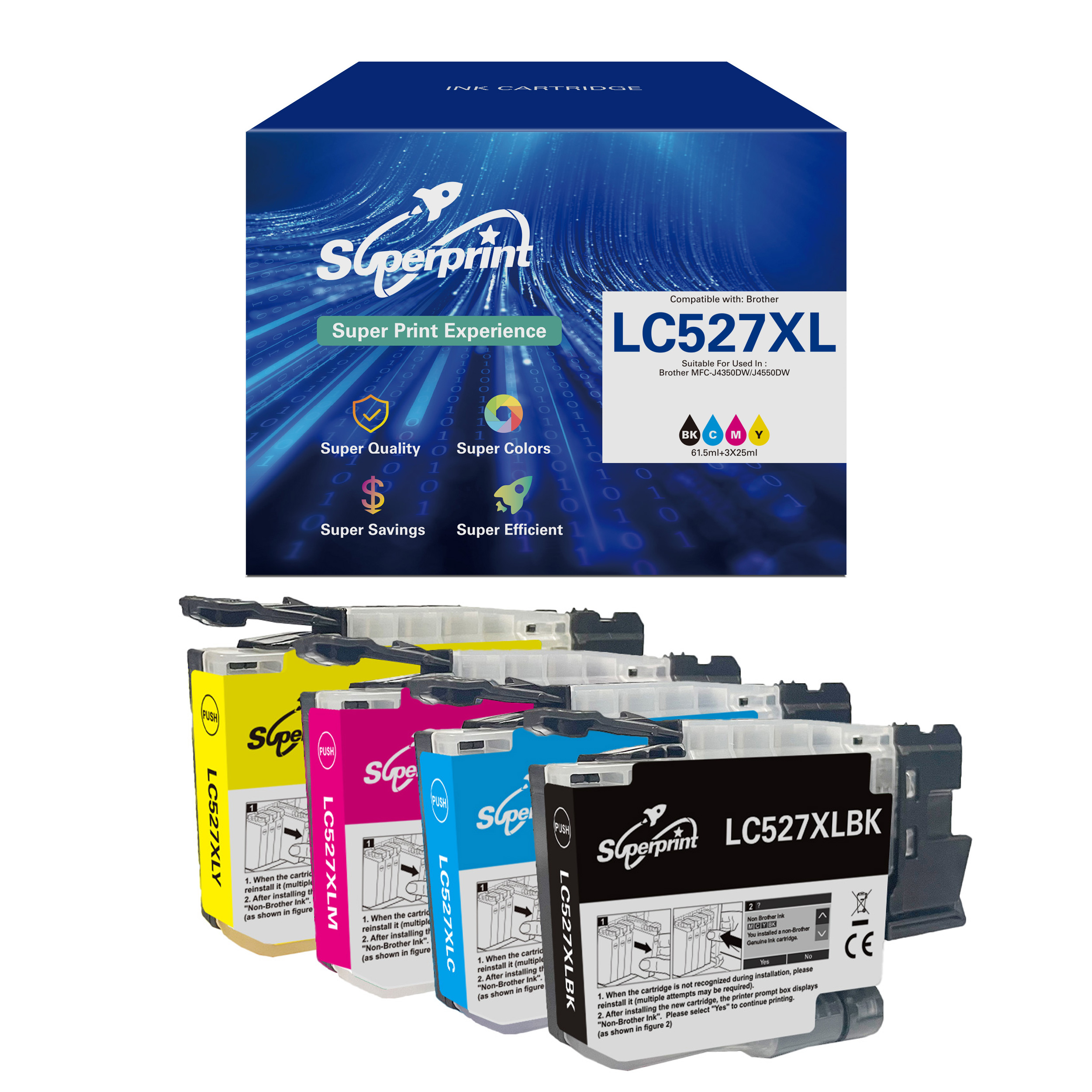 Inktcartridges, geel, magenta, cyaan en zwart, zijn gerangschikt voor een doos met productdetails.