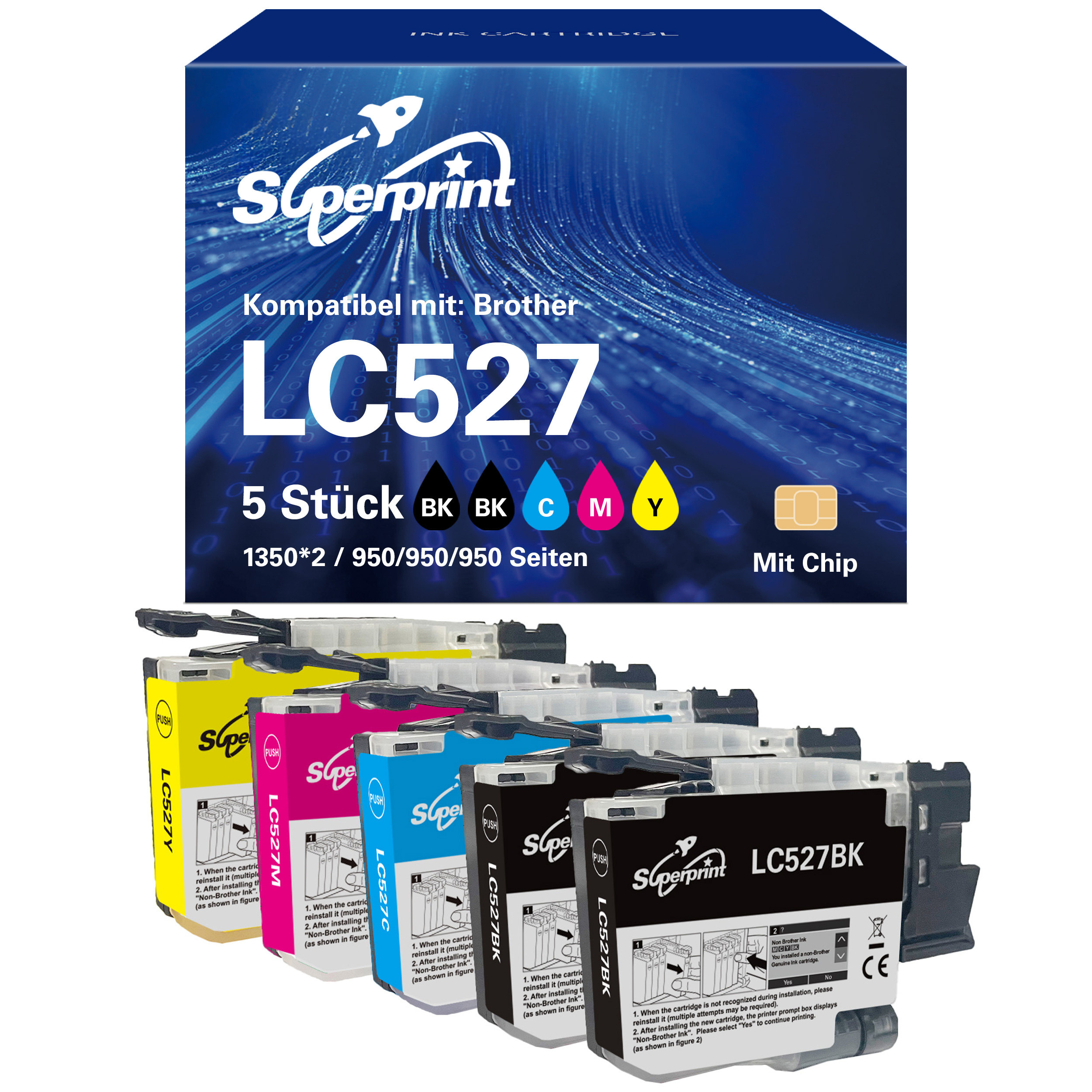 Inktcartridges in zwart, cyaan, magenta en geel. De doos zegt Superprint en LC527.