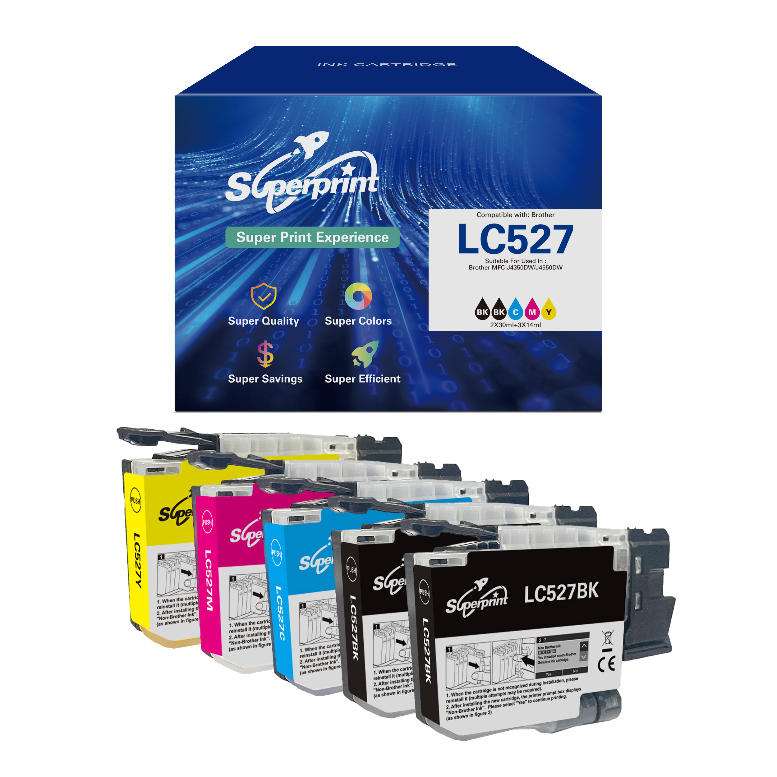 Inktcartridges, zwart, cyaan, magenta en geel. Doos toont merk, model en compatibiliteit.