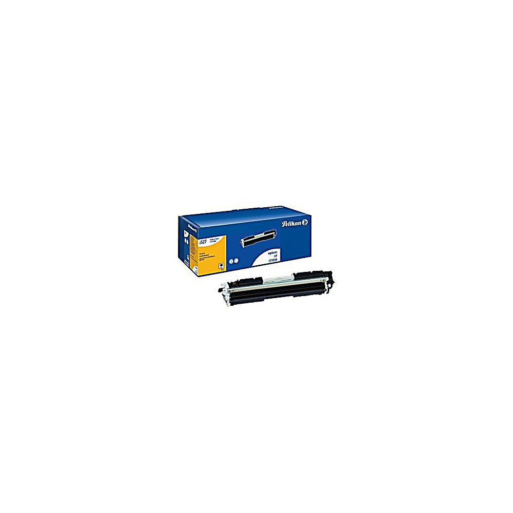 Una scatola di toner Pelikan blu e una cartuccia di toner nera sono su una superficie bianca.