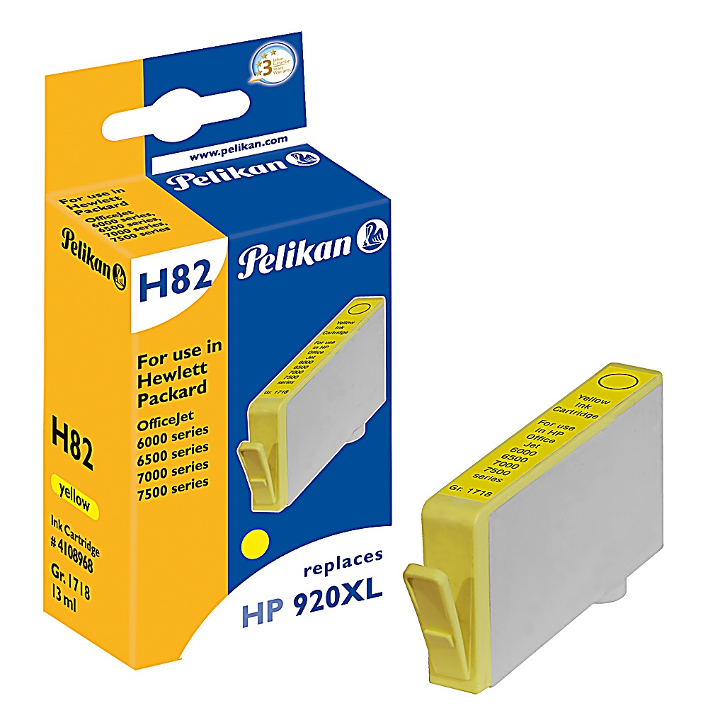 L'immagine mostra una scatola e una cartuccia d'inchiostro Pelikan H82 gialle e bianche. Il testo descrive la compatibilità e il marchio della cartuccia.
