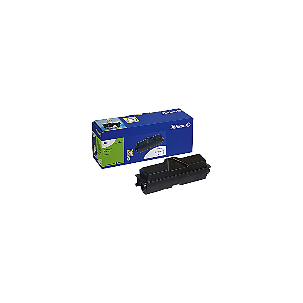 Una scatola di cartucce toner Pelikan e una cartuccia toner Kyocera TK-170 su una superficie bianca. La scatola è blu, la cartuccia nera.