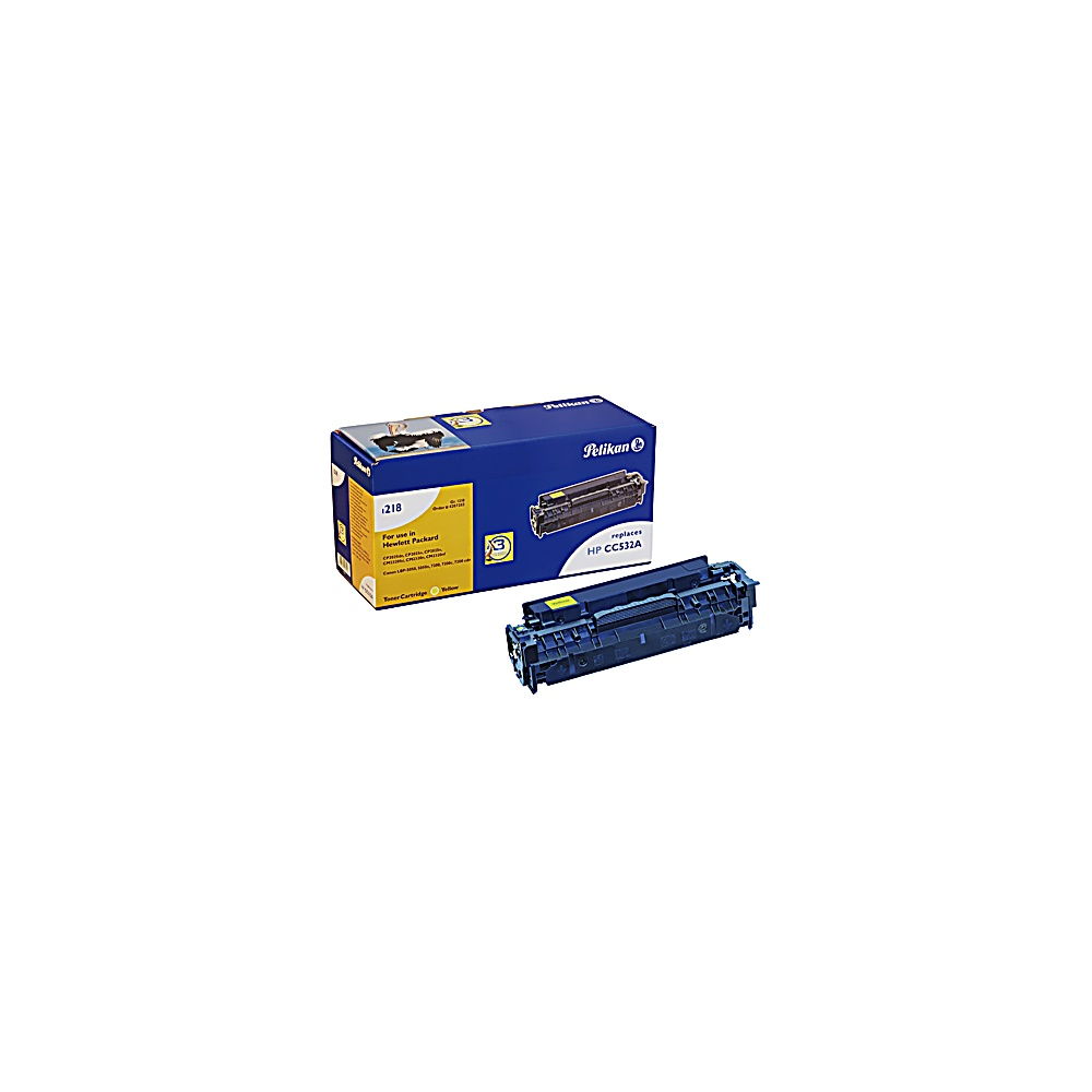 Una cartuccia toner gialla e blu con la sua scatola, entrambe etichettate 'Pelikan'. La cartuccia è etichettata 'HP CC532A'.