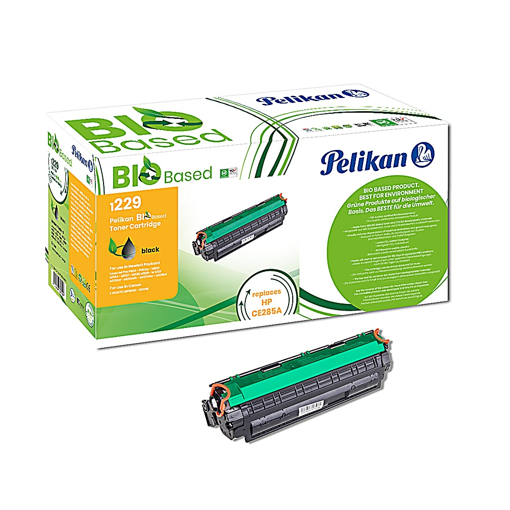 Una scatola di cartucce toner Pelikan Bio-Based con una cartuccia all'esterno. I colori verde e nero dominano. Il testo include '1229' e 'black'.