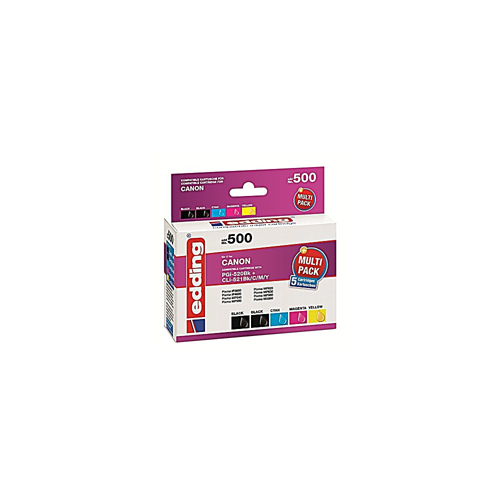 Eine Schachtel mit Edding-Tintenpatronen für Canon-Drucker. Die Schachtel ist weiß mit schwarzer, cyanfarbener, magenta- und gelber Tinte.