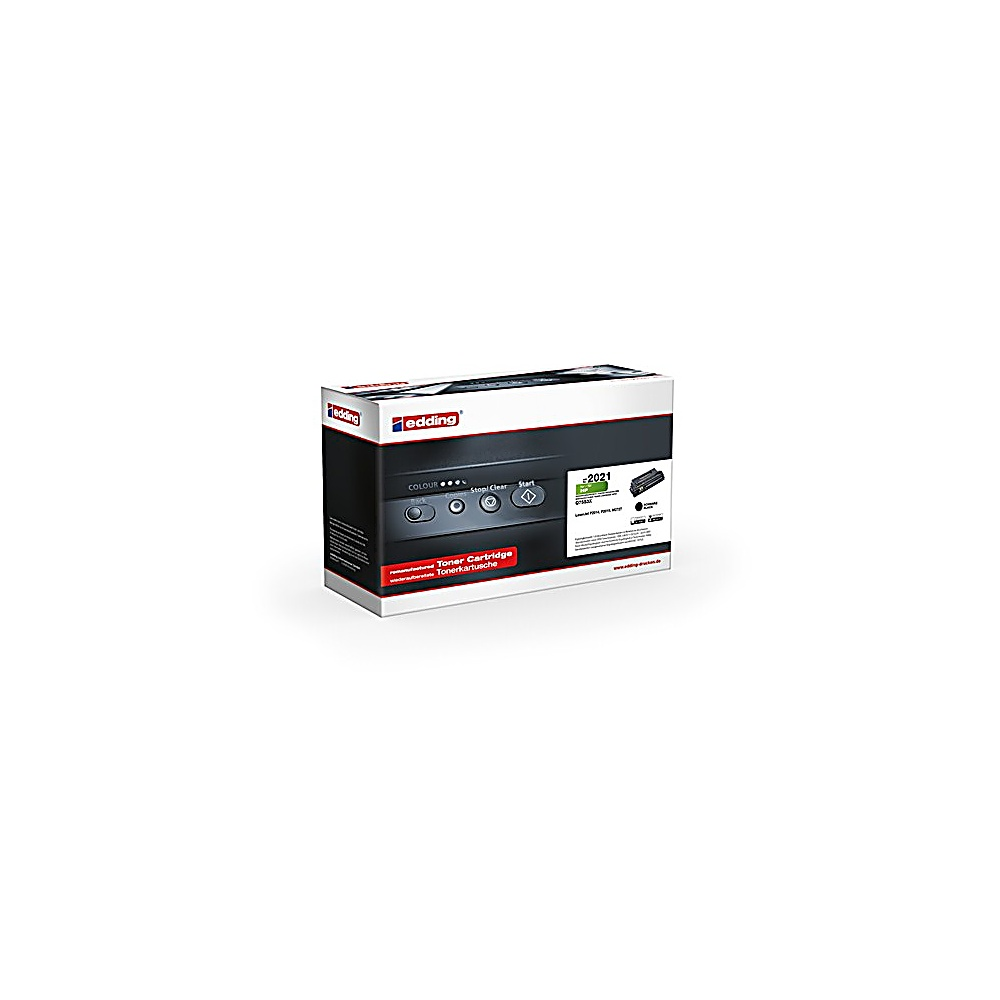 Una scatola di cartucce toner Edding su sfondo bianco. La scatola è bianca, nera e rossa con testo e immagini.