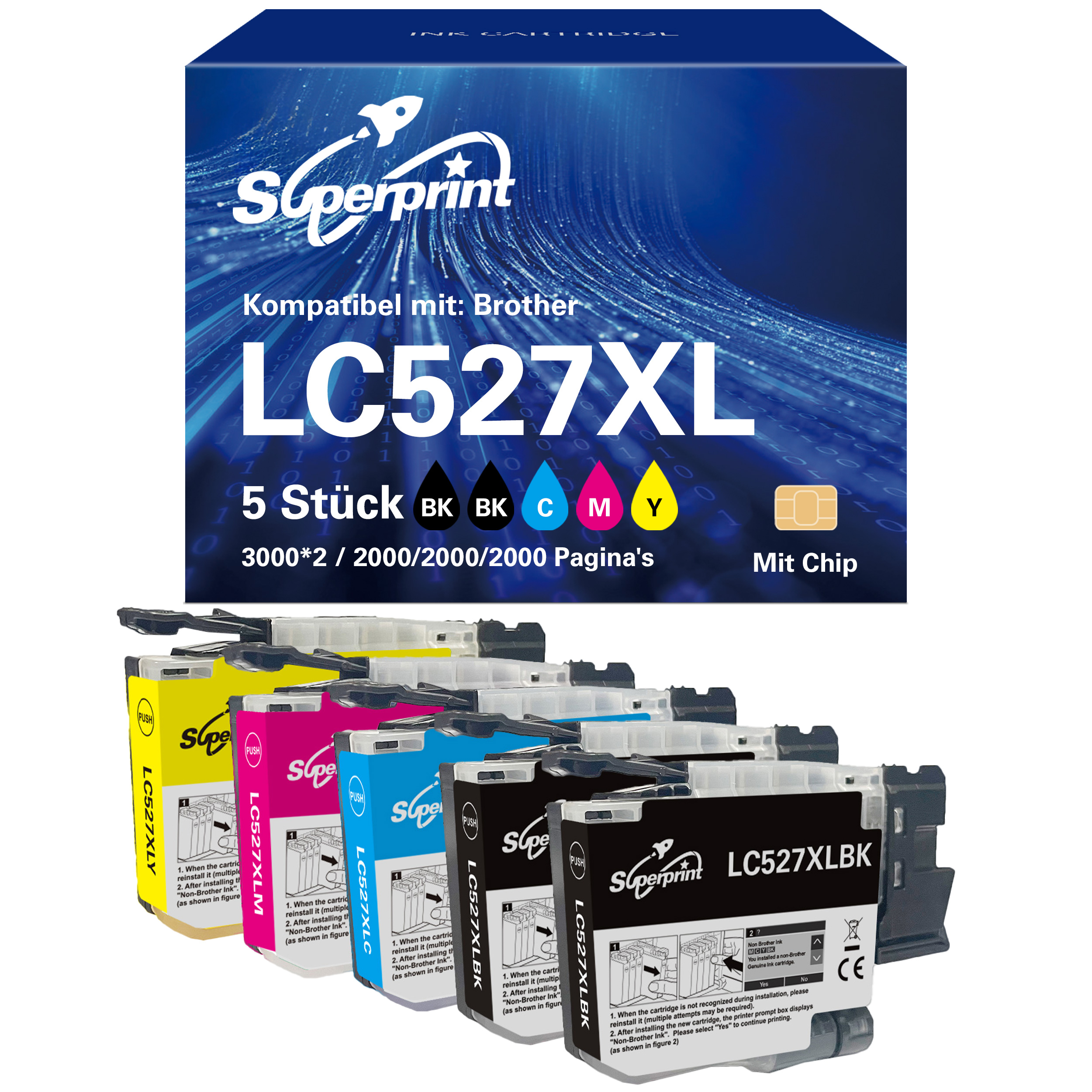 Inktcartridges in zwart, cyaan, magenta en geel. De doos zegt Superprint LC527XL.