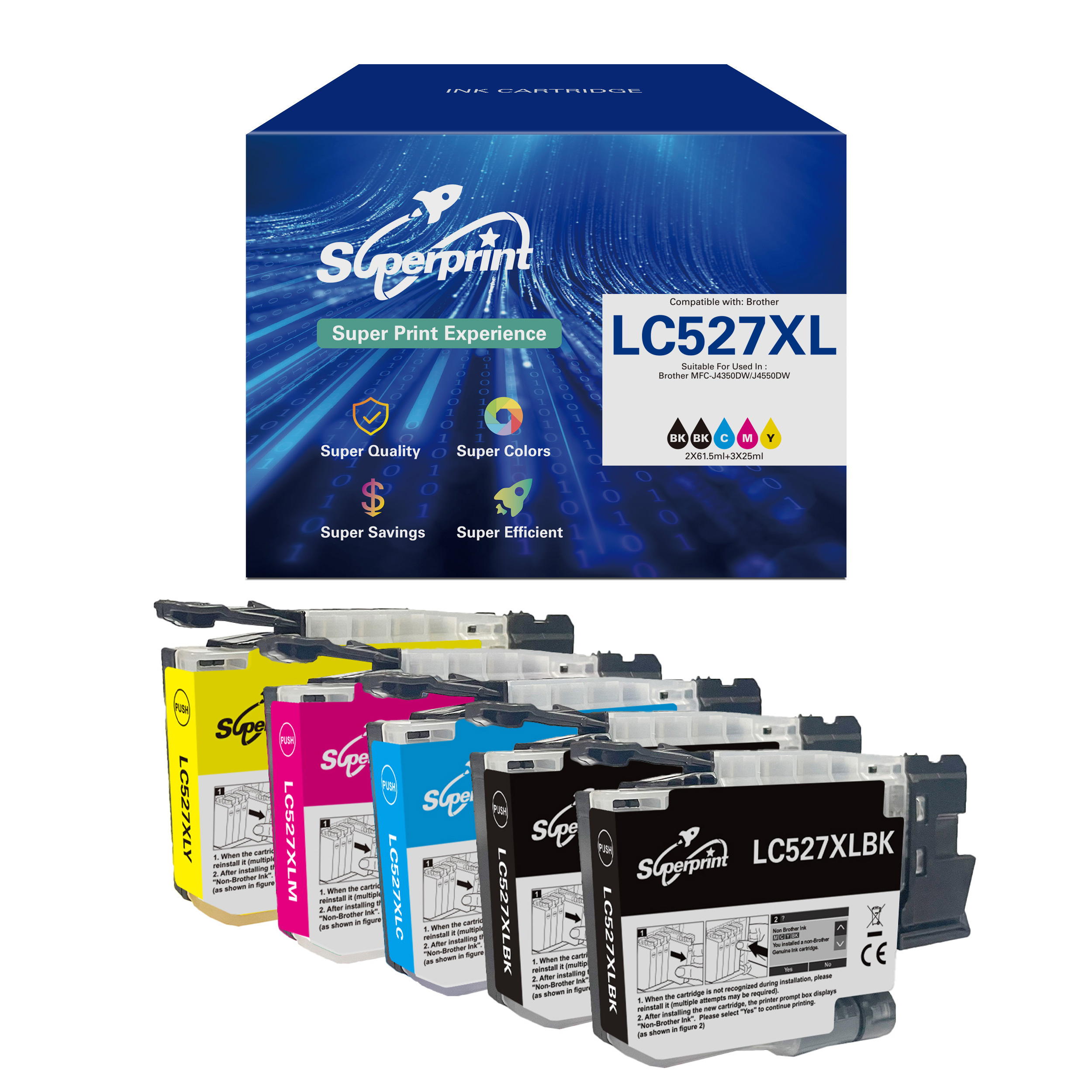 Inktcartridges, zwart, cyaan, magenta, geel. Dozen en cartridges zichtbaar, met tekst en logo's.
