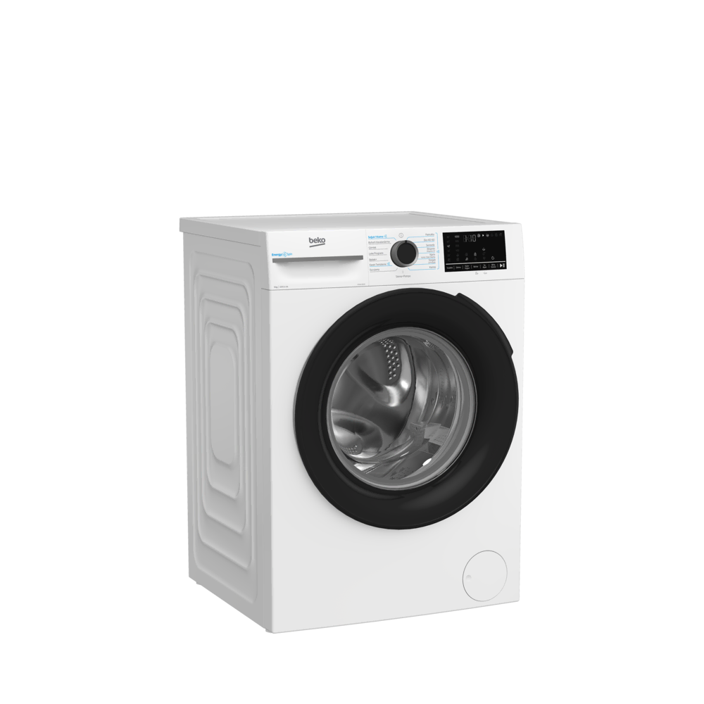 Siyah kapılı beyaz bir Beko çamaşır makinesi. Kontrol paneli ve yuvarlak bir kapısı var.