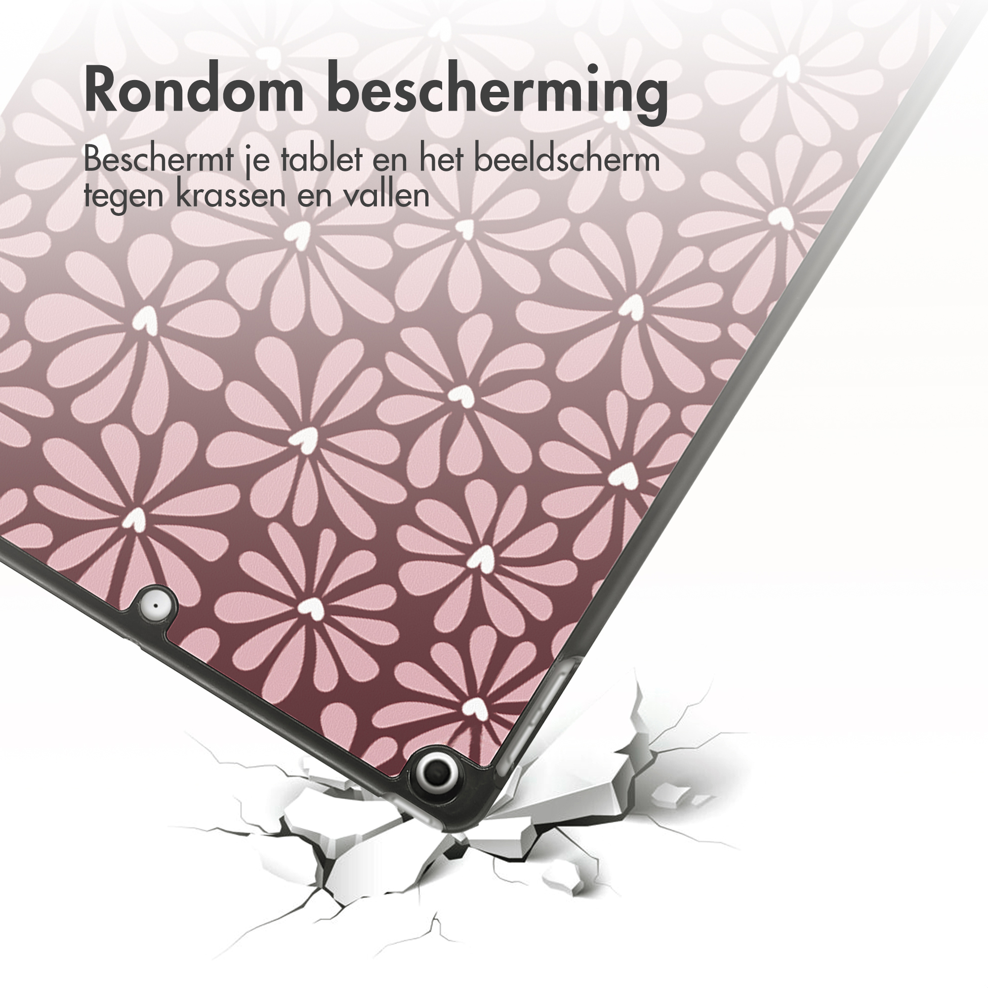 Tablethoes met bloemenpatroon, gebarsten grond en Nederlandse tekst: 'Rondom bescherming.'