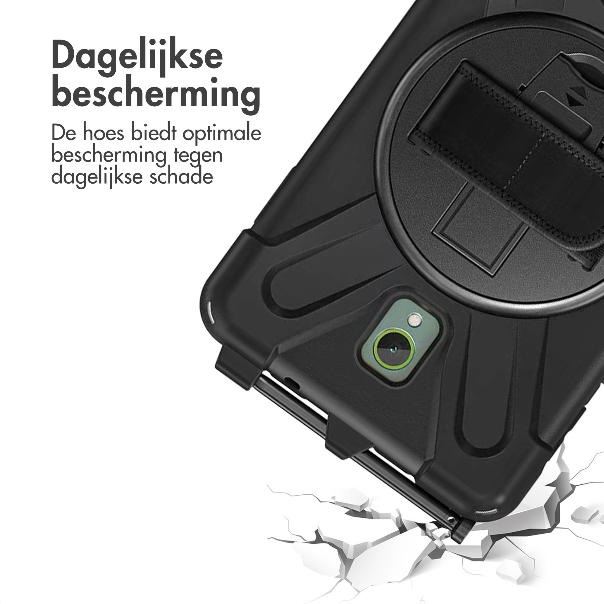 Black tablet case on white background, text reads 'Daily protection'. Case has a strap and a camera.