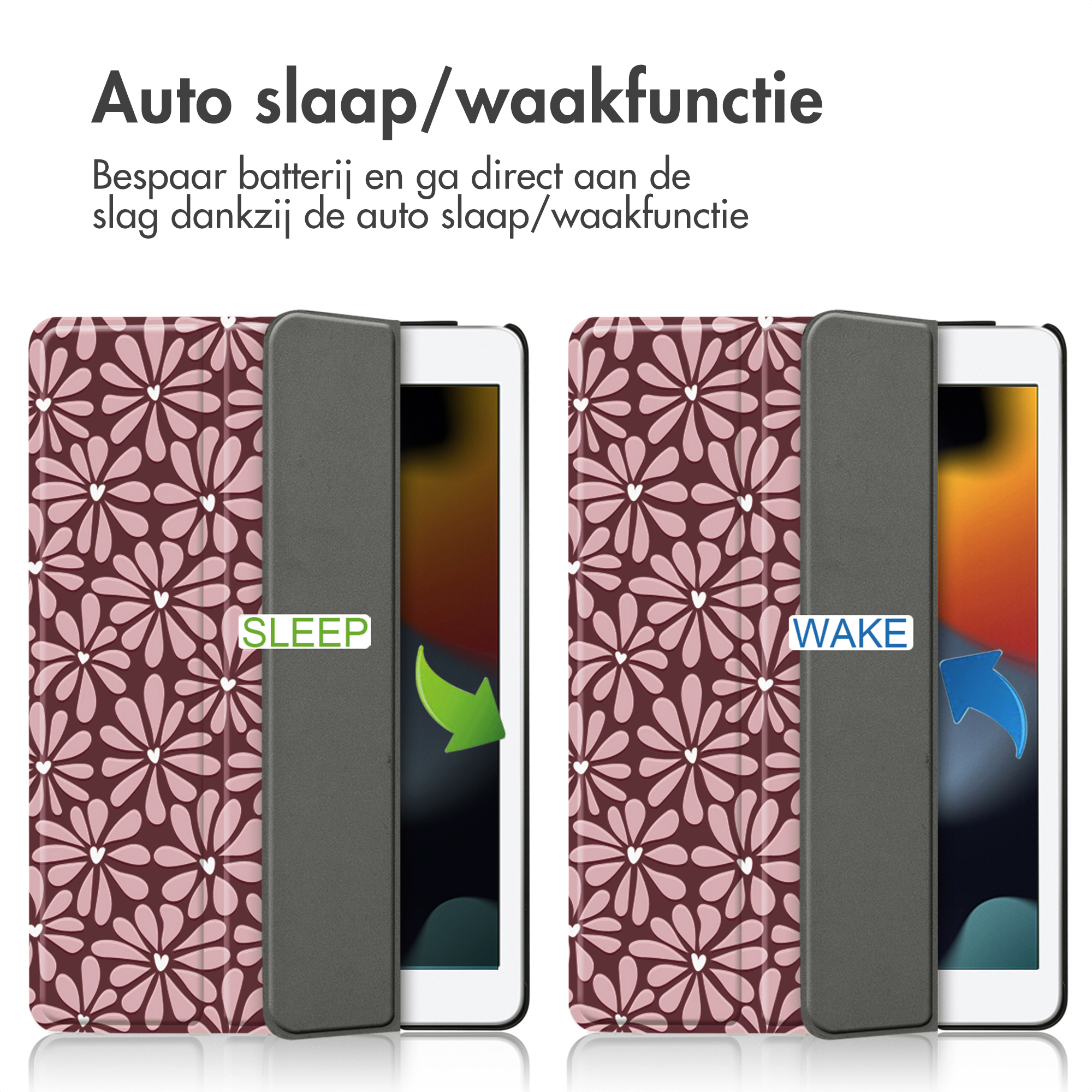 Twee tablethoezen met bloemenpatroon. Eén toont 'slaap' met een groene pijl, de andere 'wake' met een blauwe pijl.