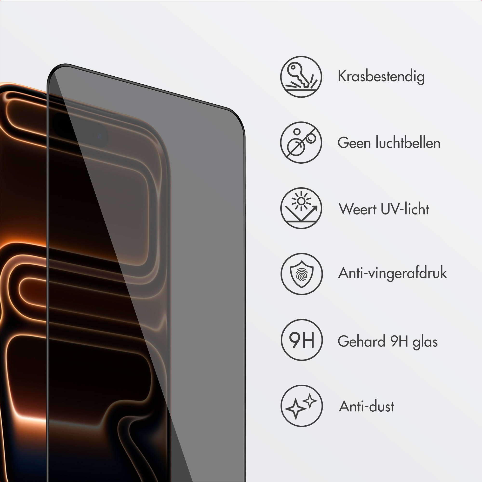 A phone screen protector, with icons showing scratch resistance, no bubbles, UV protection, anti-fingerprint, and dust resistant.