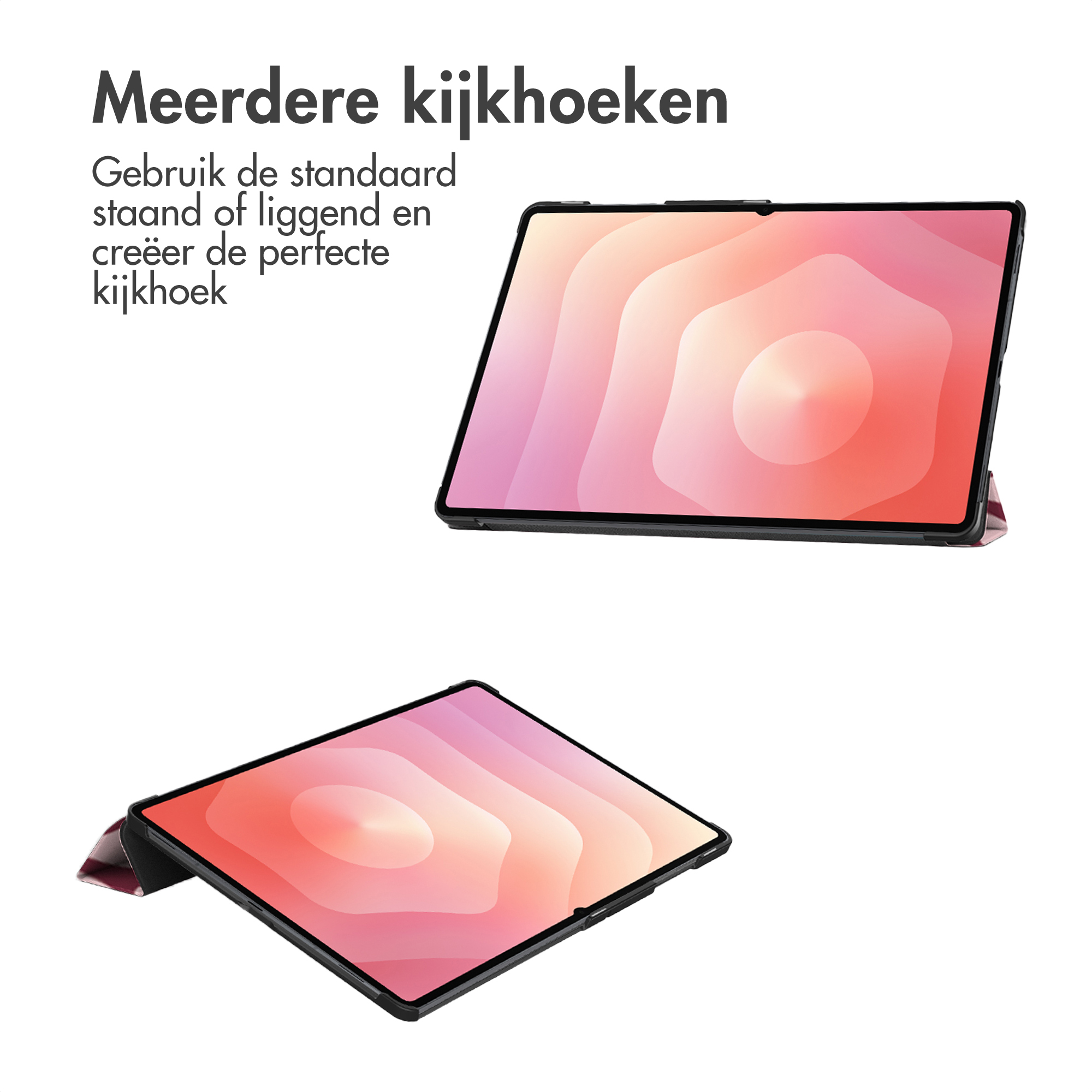 Two tablets with colorful screens and black borders. Text in Dutch says 'Multiple viewing angles'.