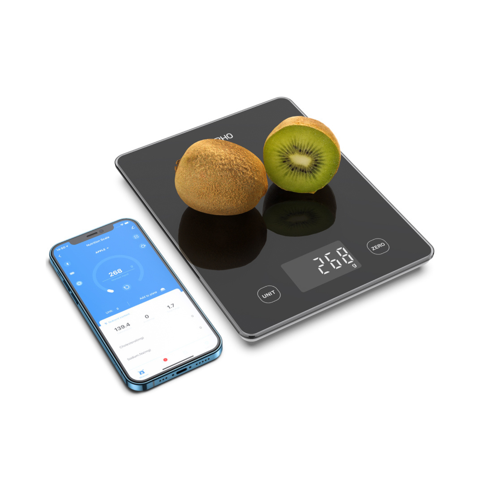 Een keukenweegschaal met twee kiwi's, een smartphone die voedingsgegevens van appels toont. De weegschaal toont 268g.