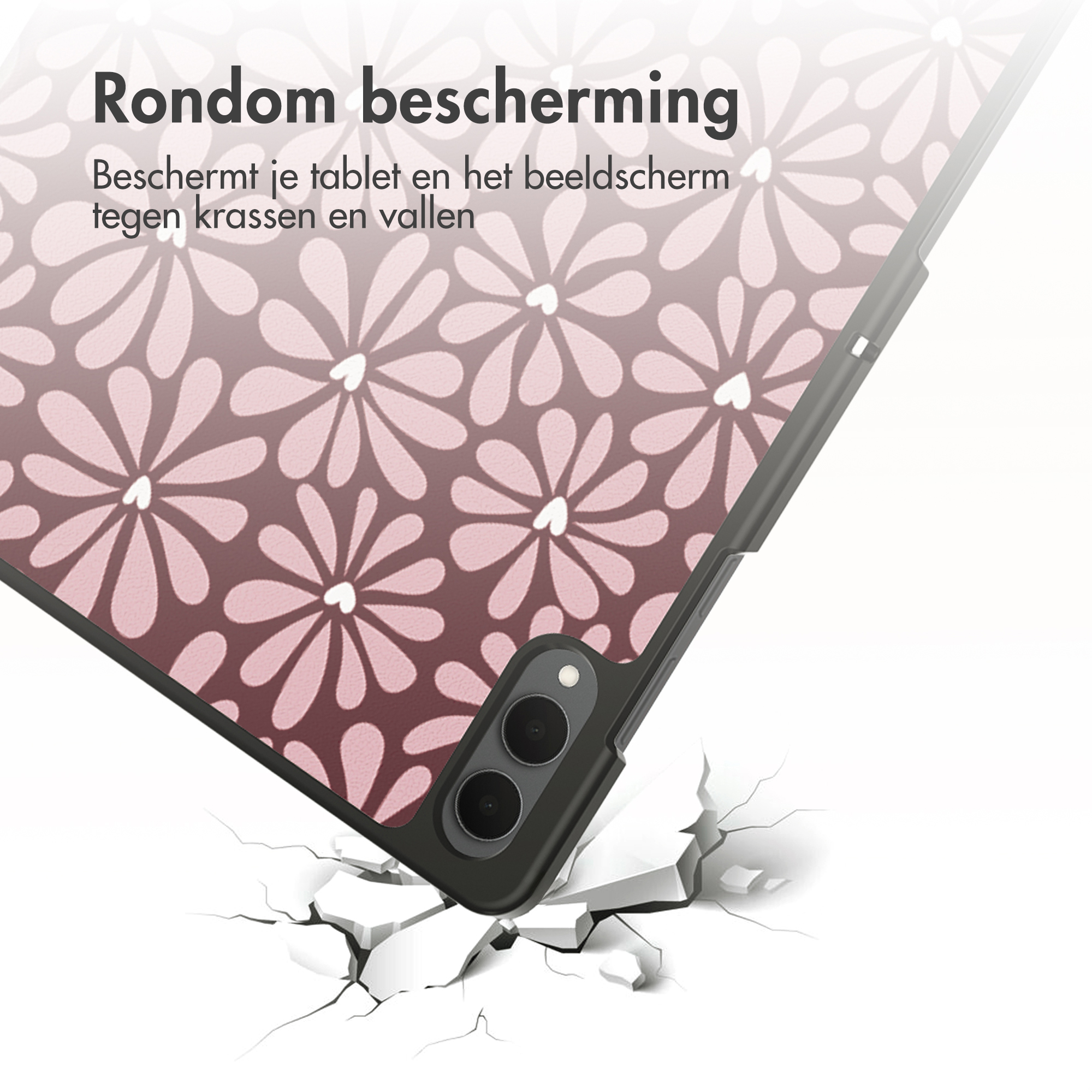 Tablet case angled, floral pattern, cracked ground. Text: 'Rondom bescherming'. Protects tablet against scratches and falls.