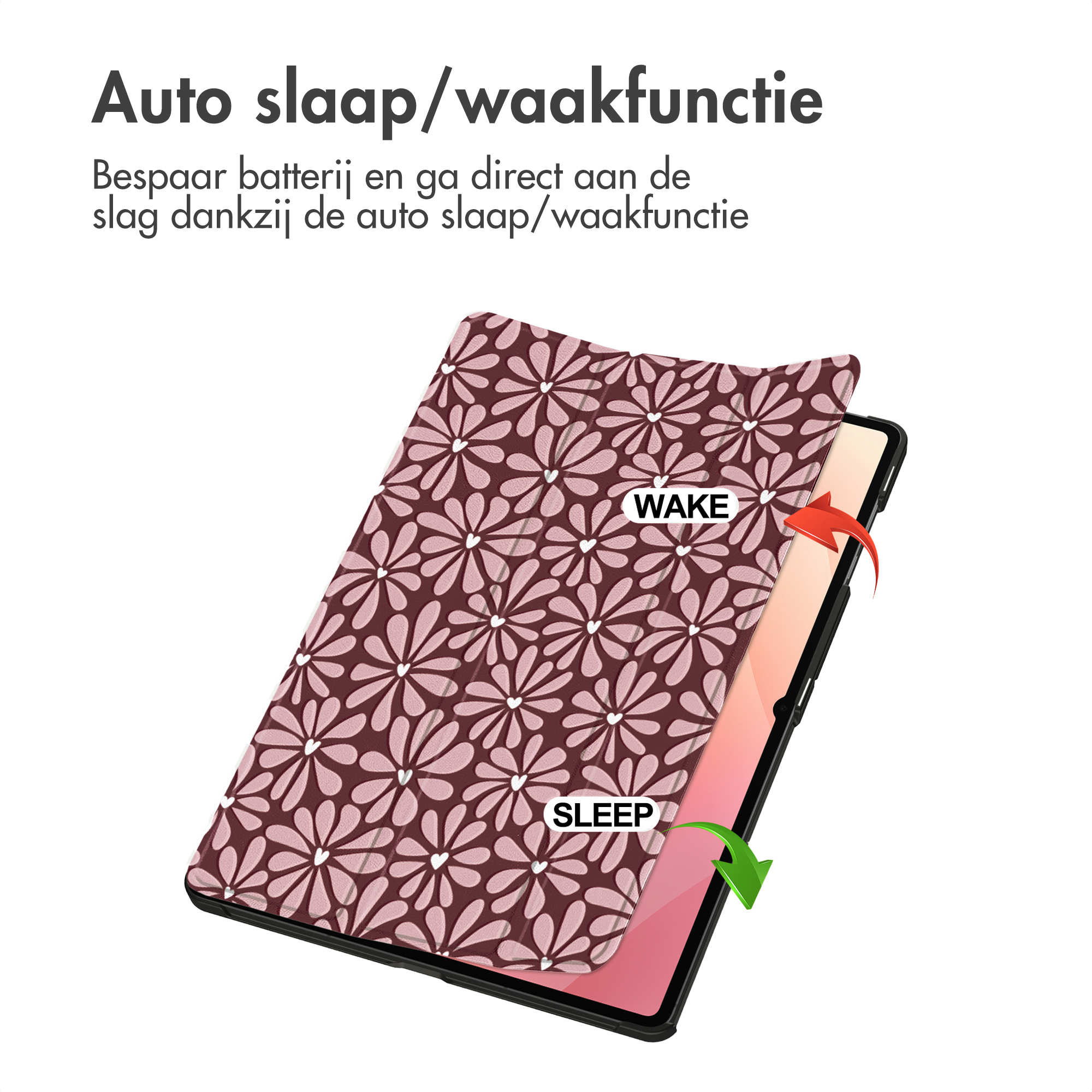 A tablet with a floral cover is shown. Arrows indicate wake and sleep modes.