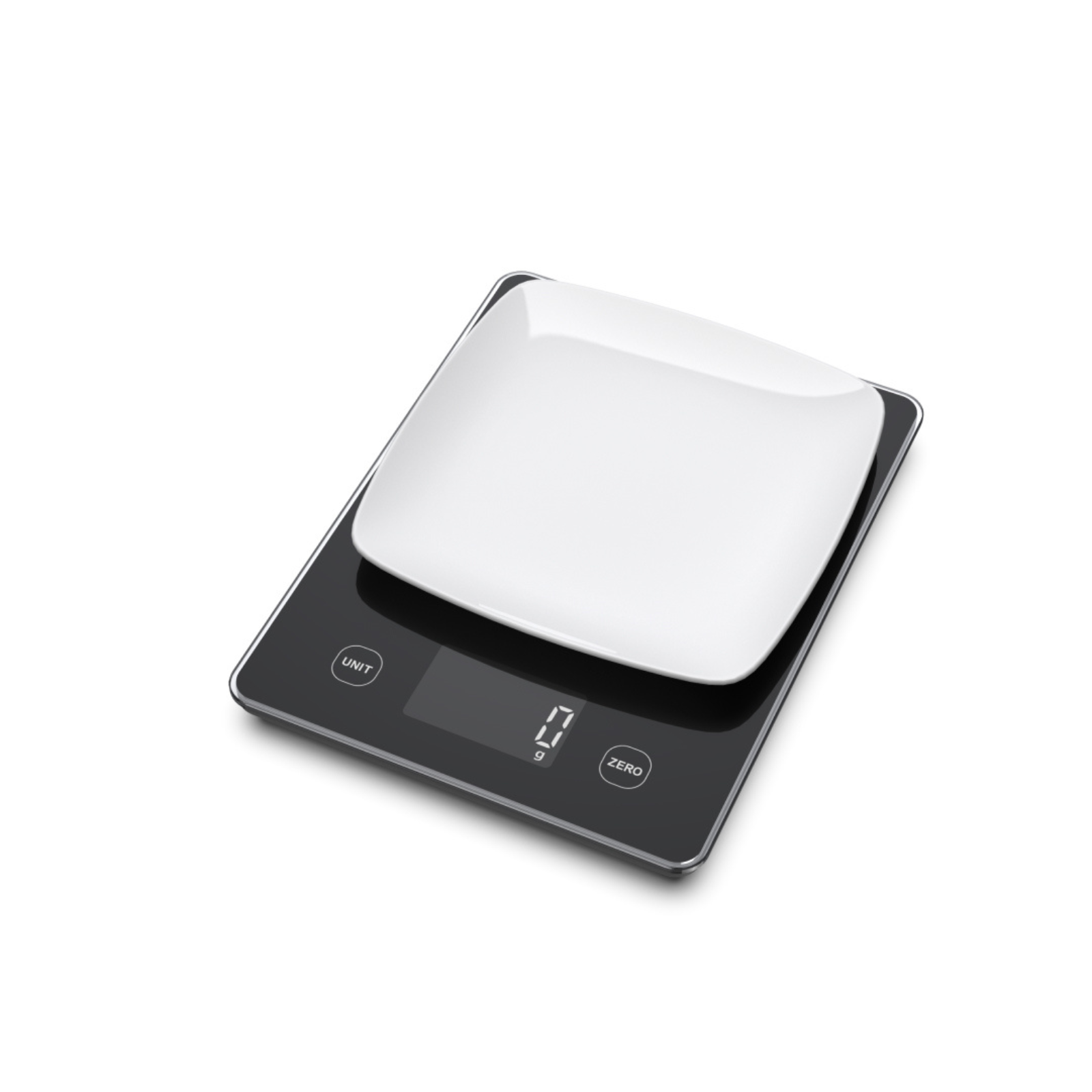 Een wit bord op een digitale keukenweegschaal. De weegschaal geeft 0g aan. De achtergrond is wit.
