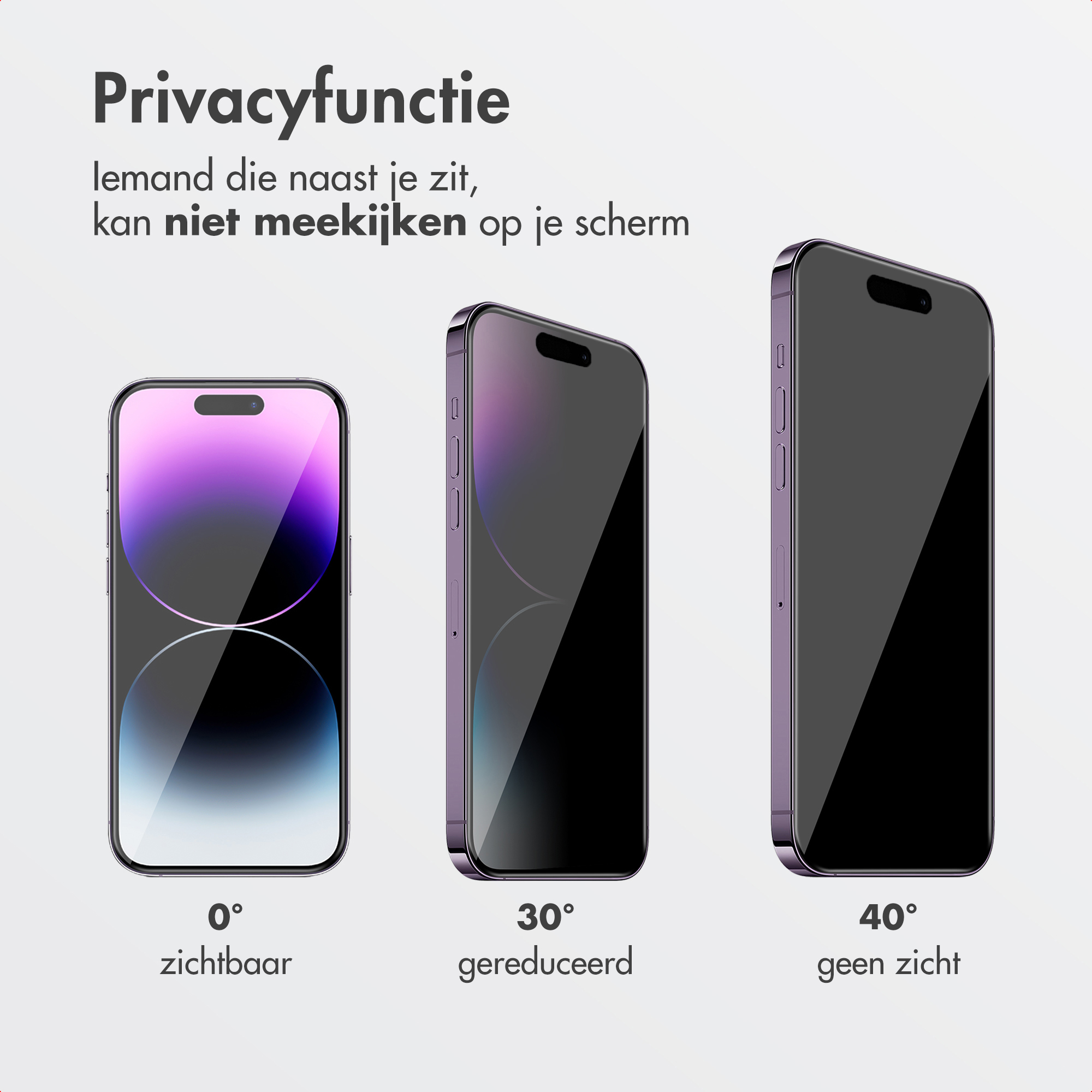 L'image montre trois téléphones à différents angles, démontrant la fonction de l'écran de confidentialité. Le texte explique les angles de vue.