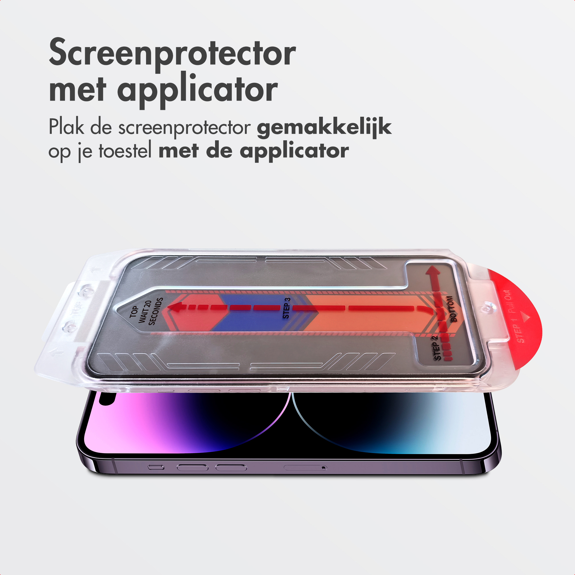 Un téléphone avec protecteur d'écran et applicateur. Les étapes d'application du protecteur sont montrées.