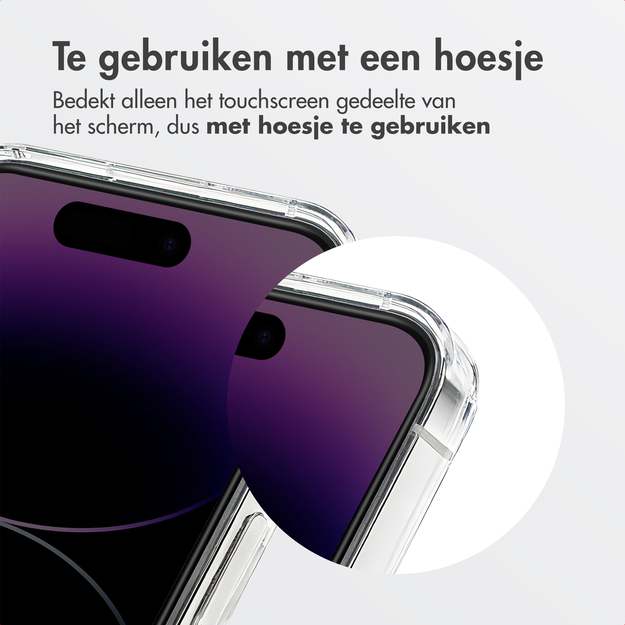 Un écran de téléphone avec une coque. Texte : À utiliser avec une coque. Couvre uniquement l'écran tactile, donc utiliser avec la coque.