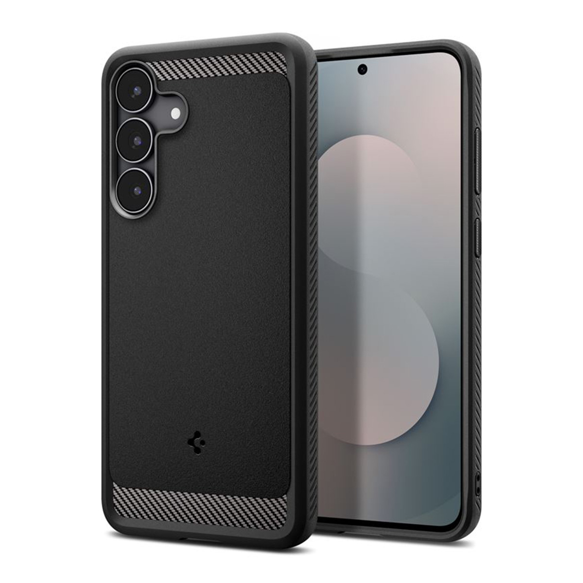 Zwarte smartphone met een beschermhoesje. De hoes heeft een getextureerde achterkant en een koolstofvezelpatroon.