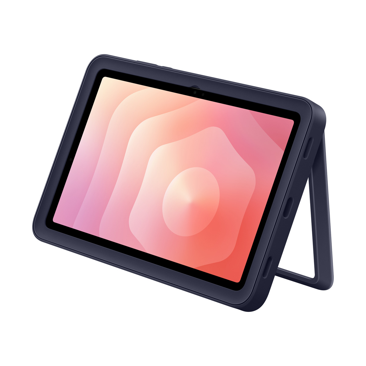 Tablet z niebieską obudową jest podparty. Ekran wyświetla abstrakcyjny wzór w kolorze różowym i białym.