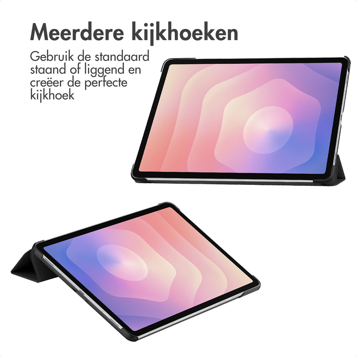 Deux tablettes avec des écrans colorés et des bordures noires sont affichées. L'une est verticale, l'autre inclinée. Texte en néerlandais en haut.