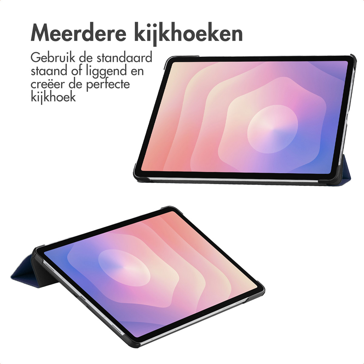 Two tablets on white background. The top tablet is tilted. The screens display a gradient of pink, orange, and blue colors.