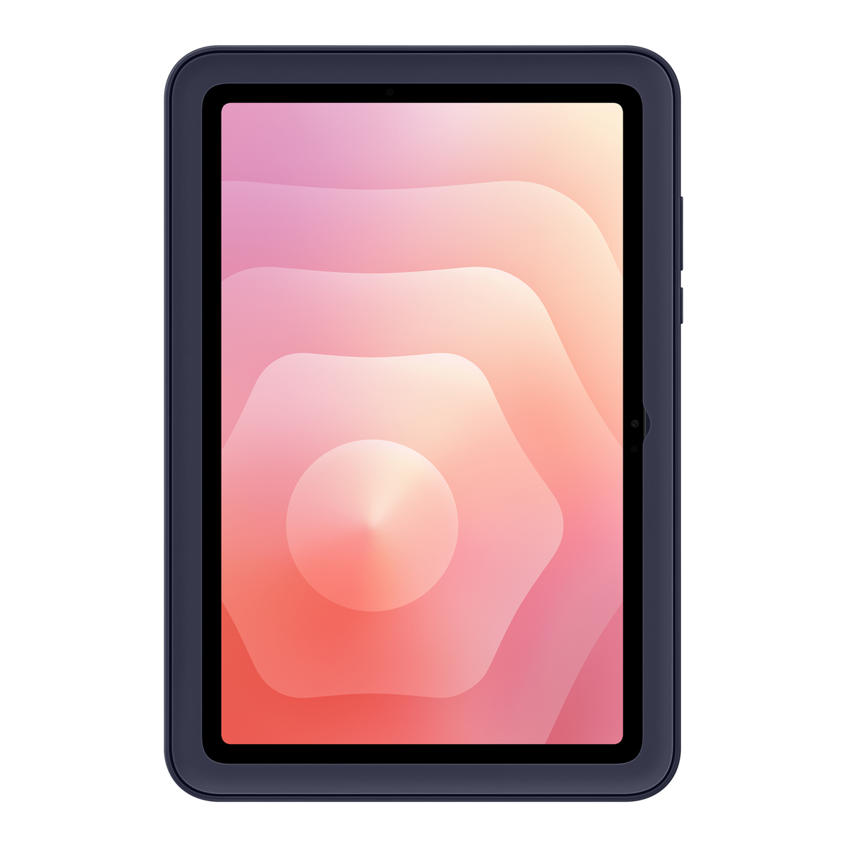 Tablet z ciemnoniebieską ramką. Ekran wyświetla kolorowy, abstrakcyjny wzór w odcieniach różu i pomarańczy. Tło jest białe.