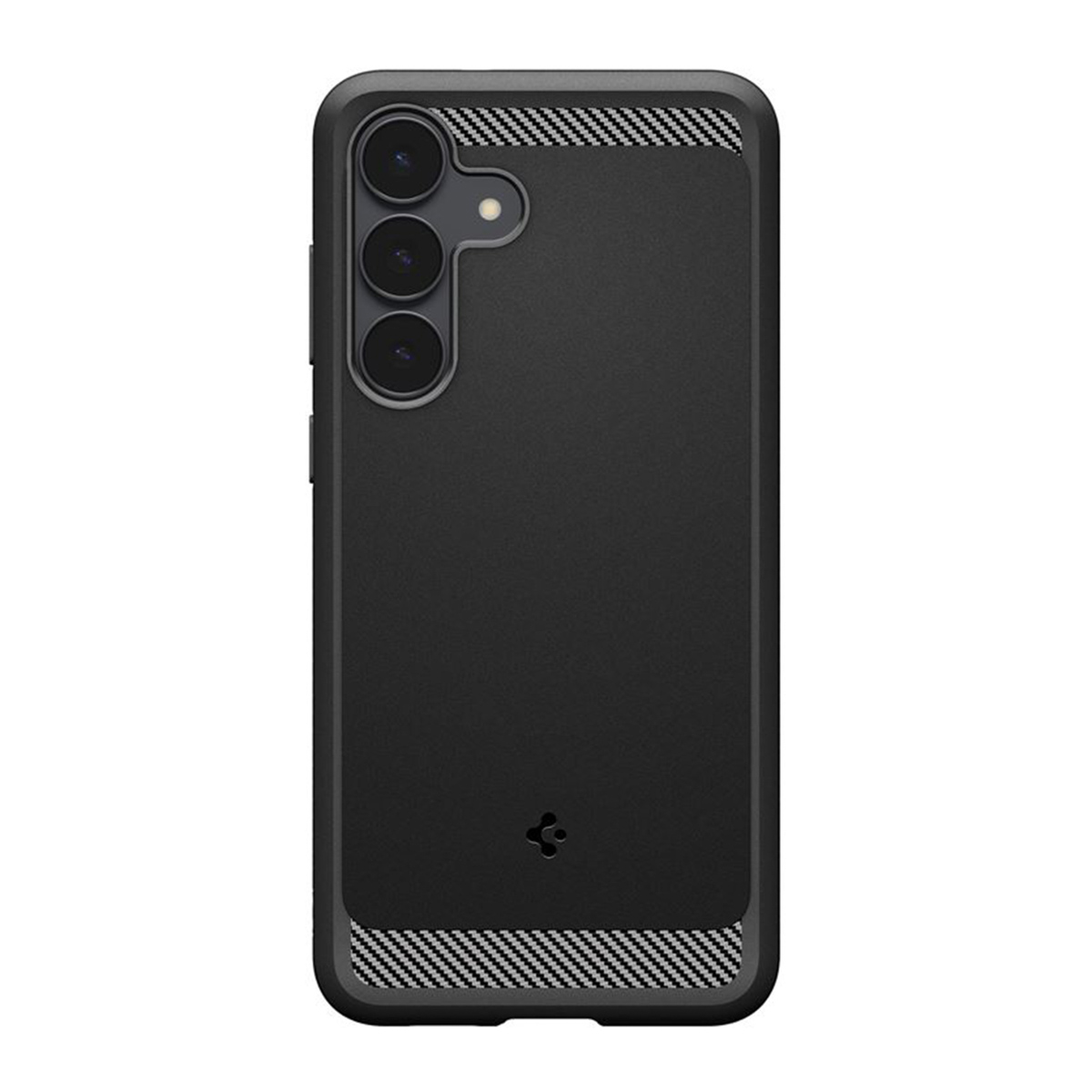 Zwarte telefoonhoes met cameraset. Het heeft een patroon aan de boven- en onderkant. De hoes heeft een Spigen-logo.