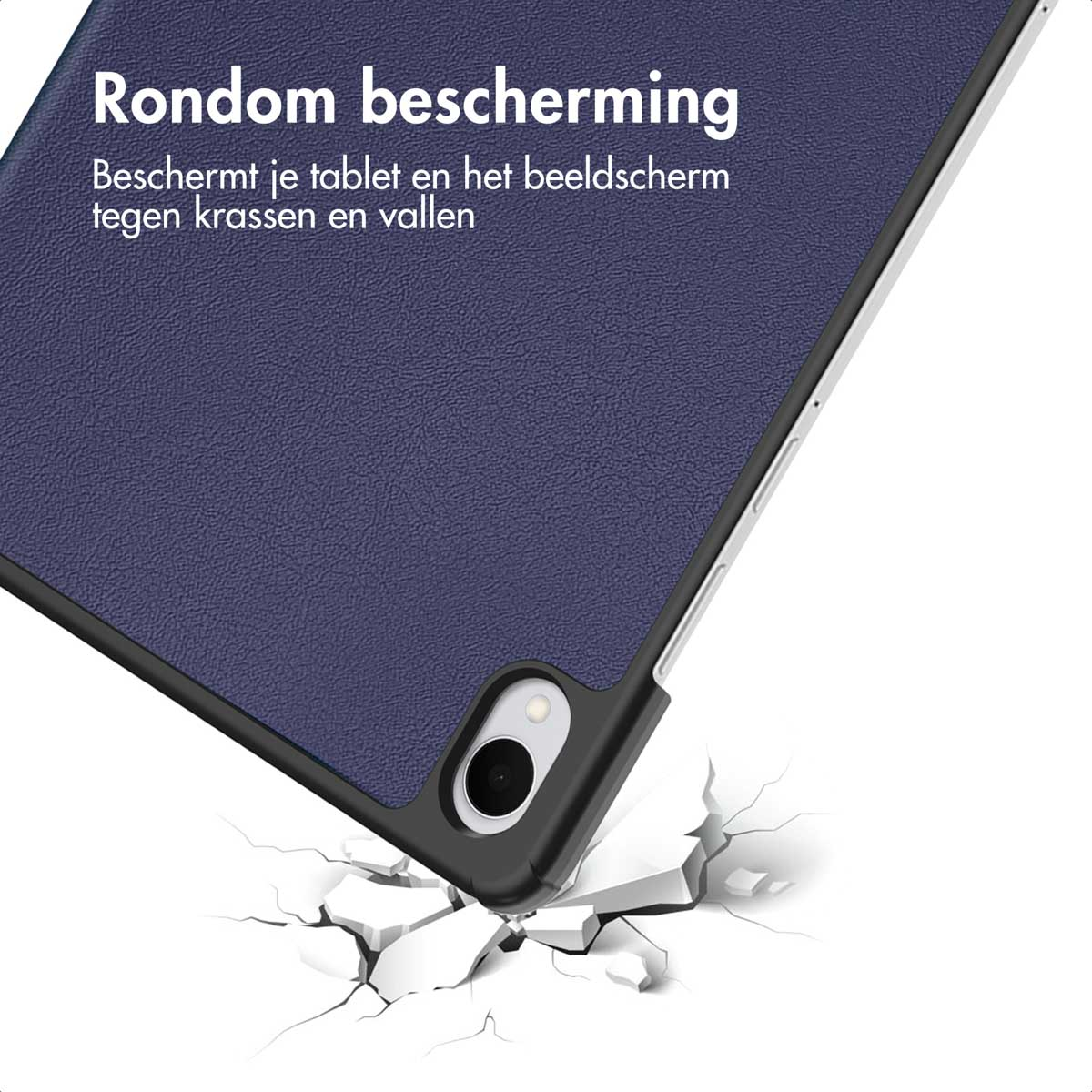 A tablet case, blue inside, black frame, white background. The tablet appears to be falling and breaking the ground.