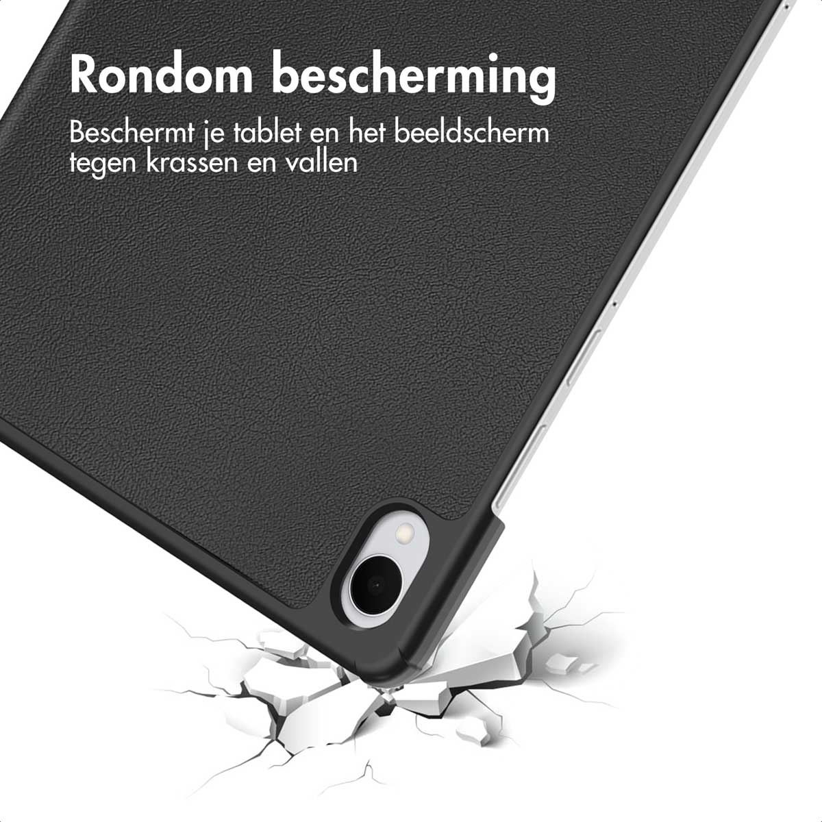 Une tablette dans un étui noir tombe, fissurant le sol. Le texte en haut dit protection.