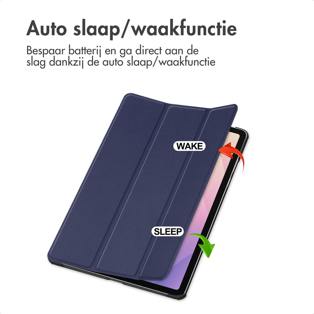 A tablet with a blue cover is shown. The cover is open. The words 'WAKE' and 'SLEEP' are visible with arrows indicating action.