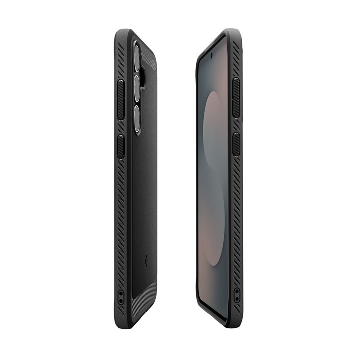 Twee zwarte smartphones naast elkaar. Eén toont een scherm. Beide hebben beschermhoezen en een witte achtergrond.