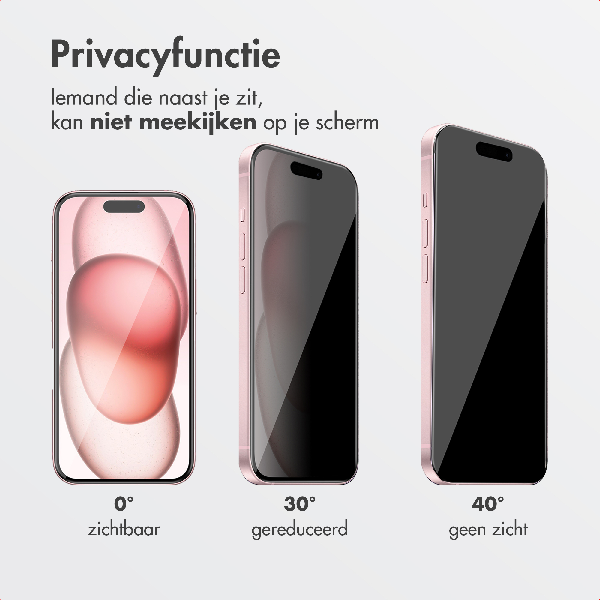 L'image montre trois téléphones avec des écrans de confidentialité. Chaque téléphone montre un degré de visibilité différent.