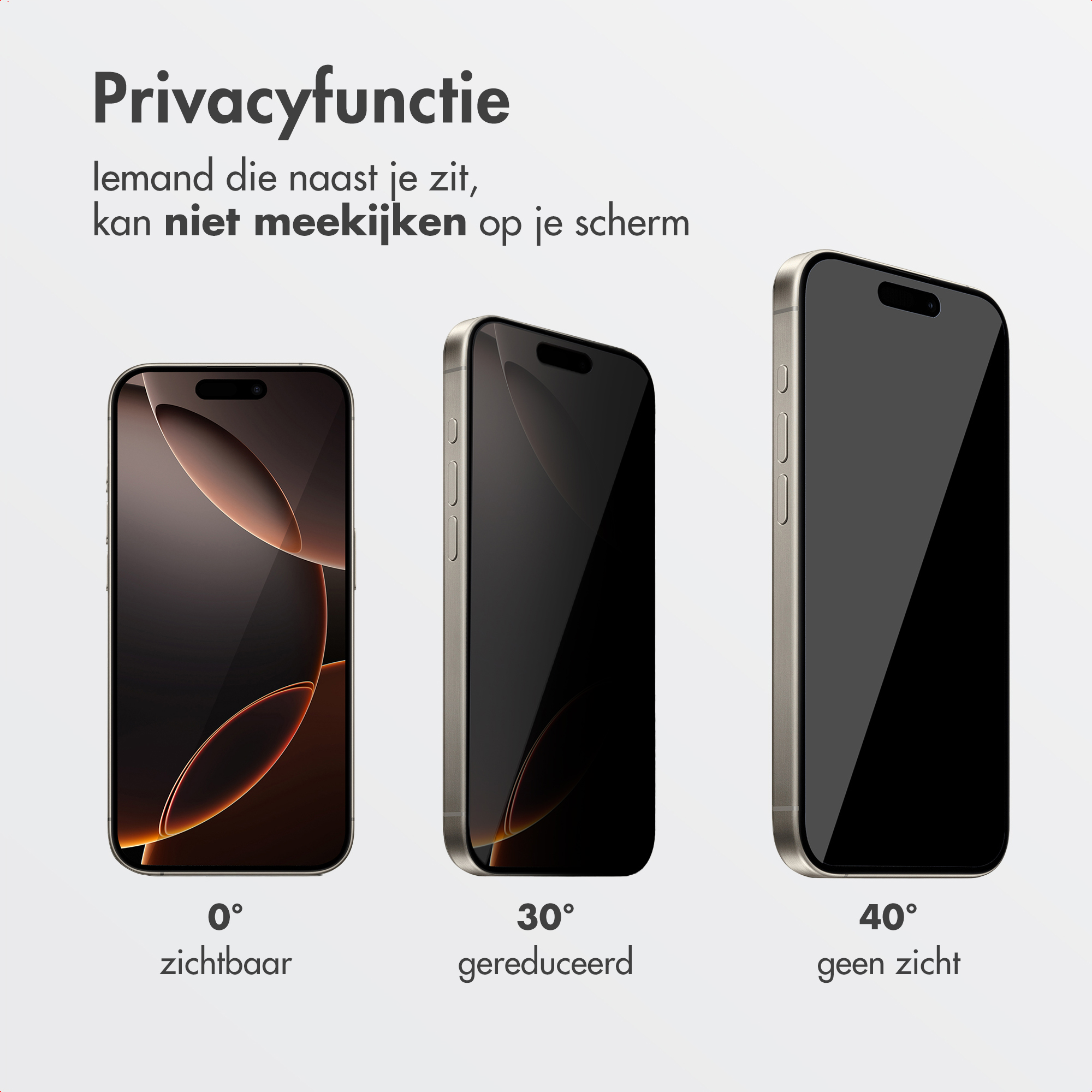 Image shows three phones at different angles, demonstrating privacy function. Text explains that others cannot see the screen.