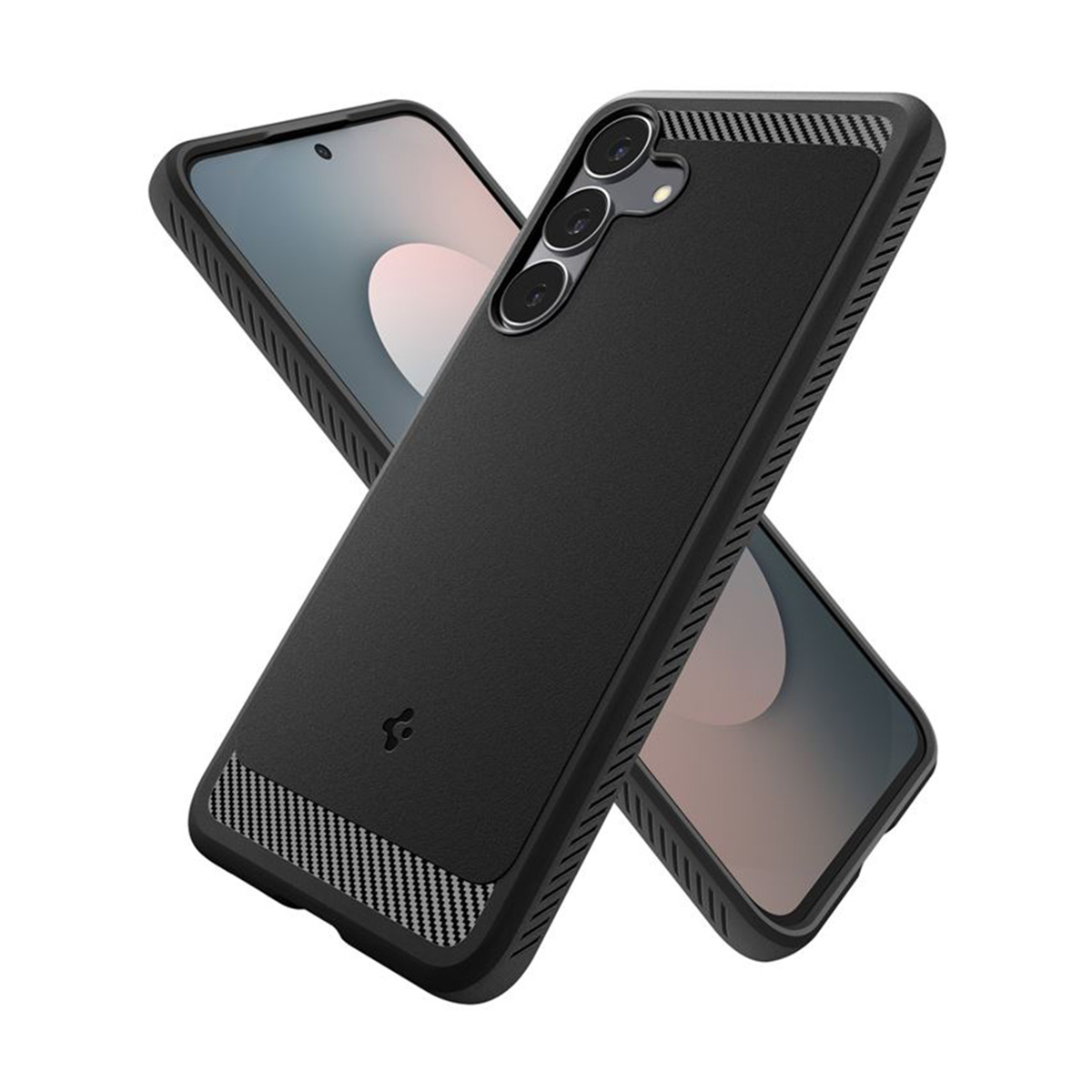Twee zwarte telefoonhoesjes, één over de andere. De bovenste hoes heeft een koolstofvezel accent en een camera-array. De telefoonschermen zijn zichtbaar.