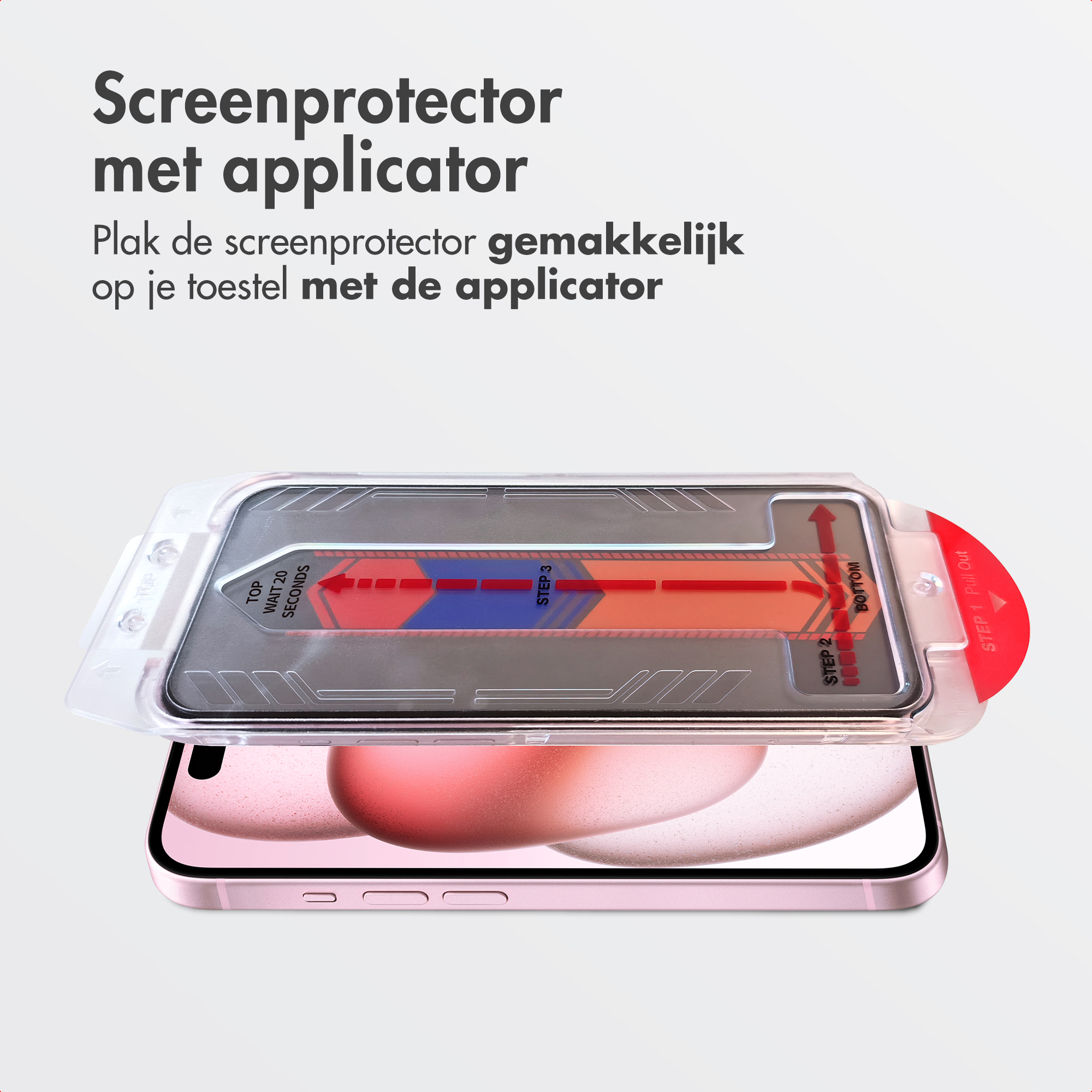 Un téléphone avec un applicateur de protection d'écran. Les instructions montrent les étapes.